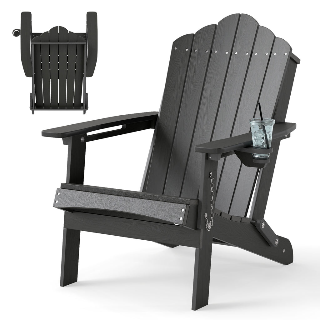 Weather Resistant HDPE Folding Adirondack Chair with High Backrest for Backyard-Gray