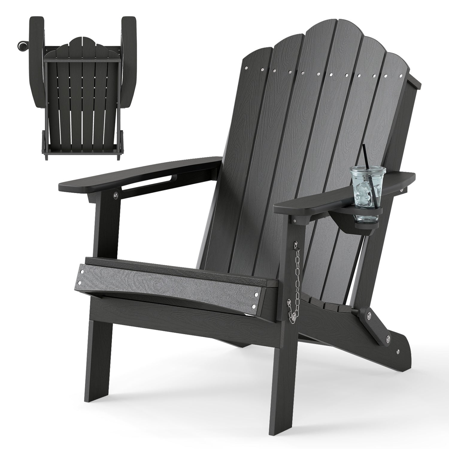 Weather Resistant HDPE Folding Adirondack Chair with High Backrest for Backyard-Gray