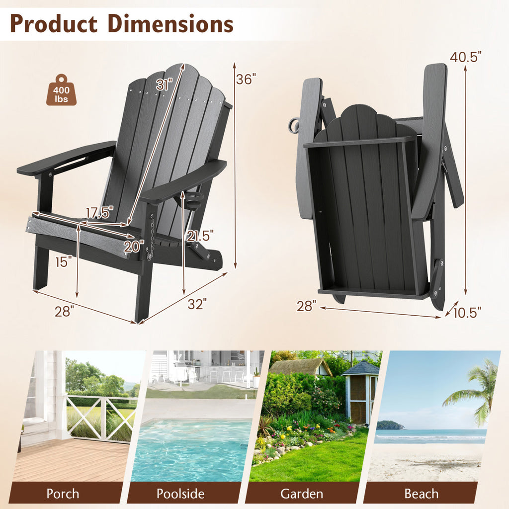 Weather Resistant HDPE Folding Adirondack Chair with High Backrest for Backyard-Gray