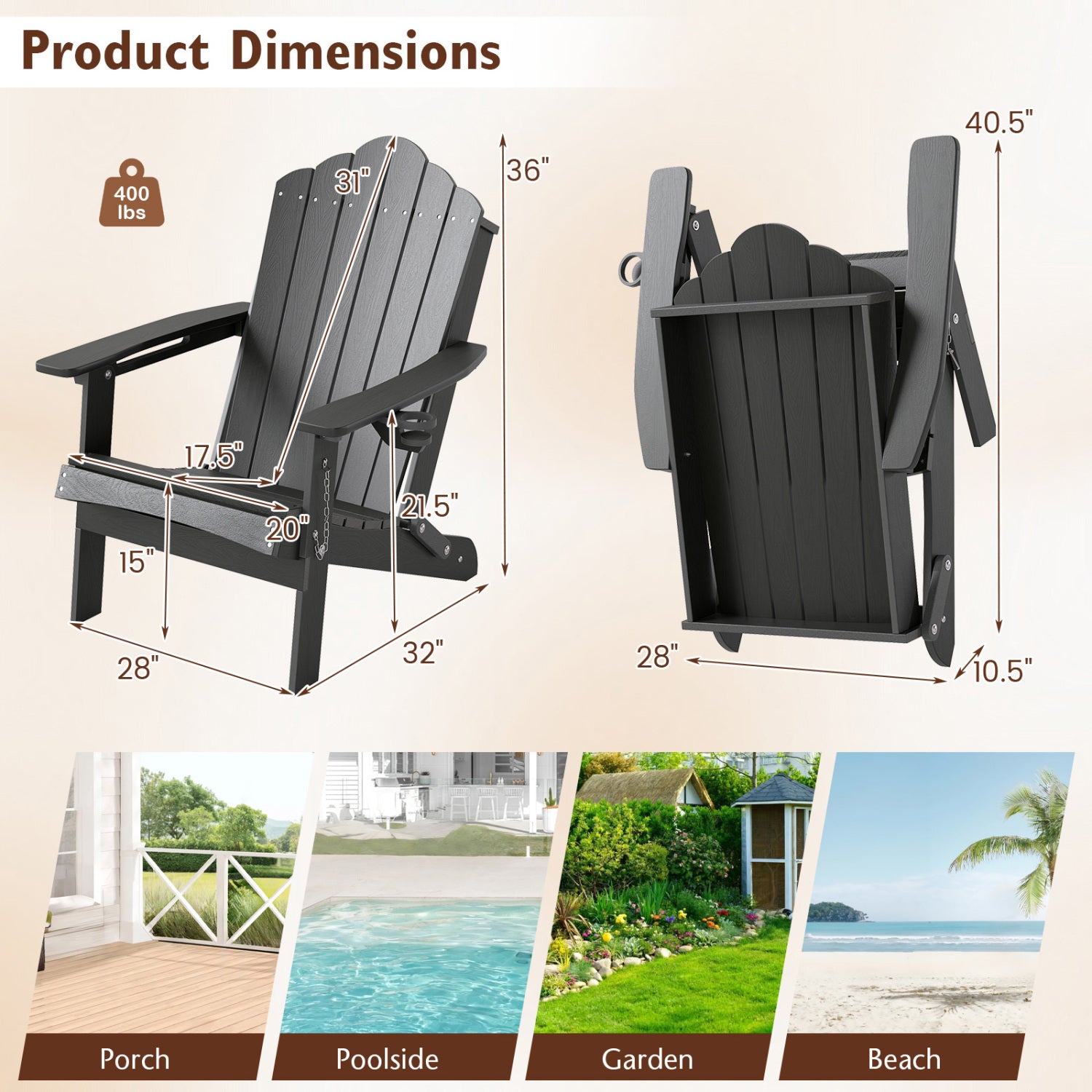 Weather Resistant HDPE Folding Adirondack Chair with High Backrest for Backyard-Gray