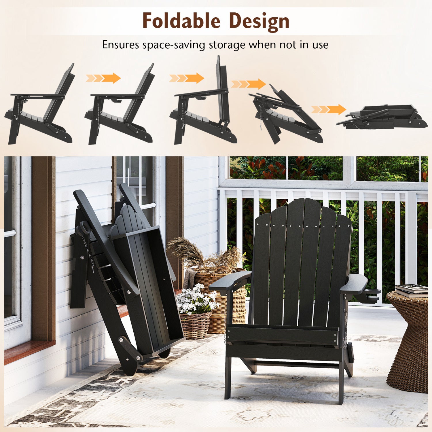 Weather Resistant HDPE Folding Adirondack Chair with High Backrest for Backyard-Gray