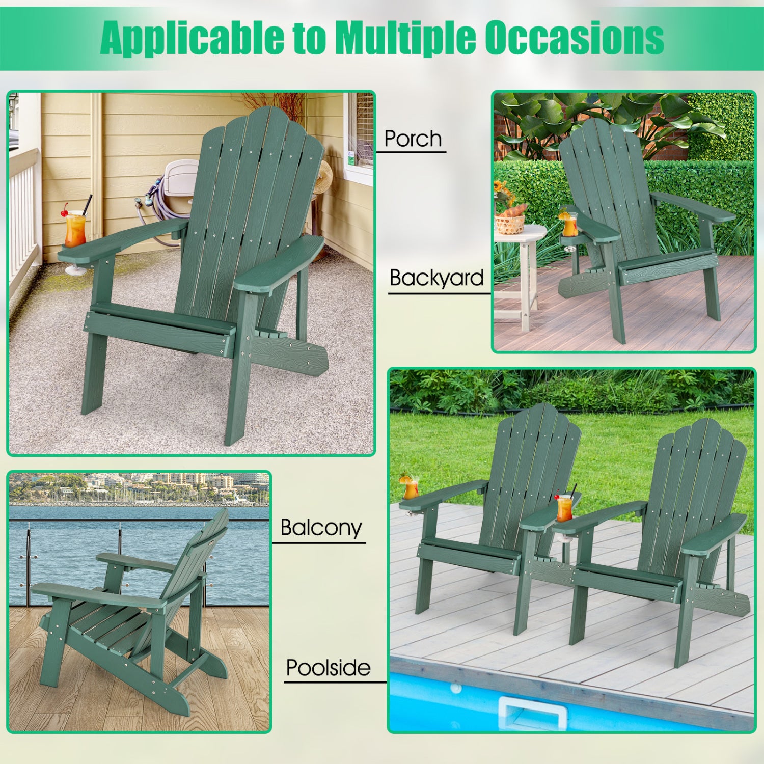 Chaise Adirondack d'extérieur en HIPS résistant aux intempéries avec porte-gobelet - Verte