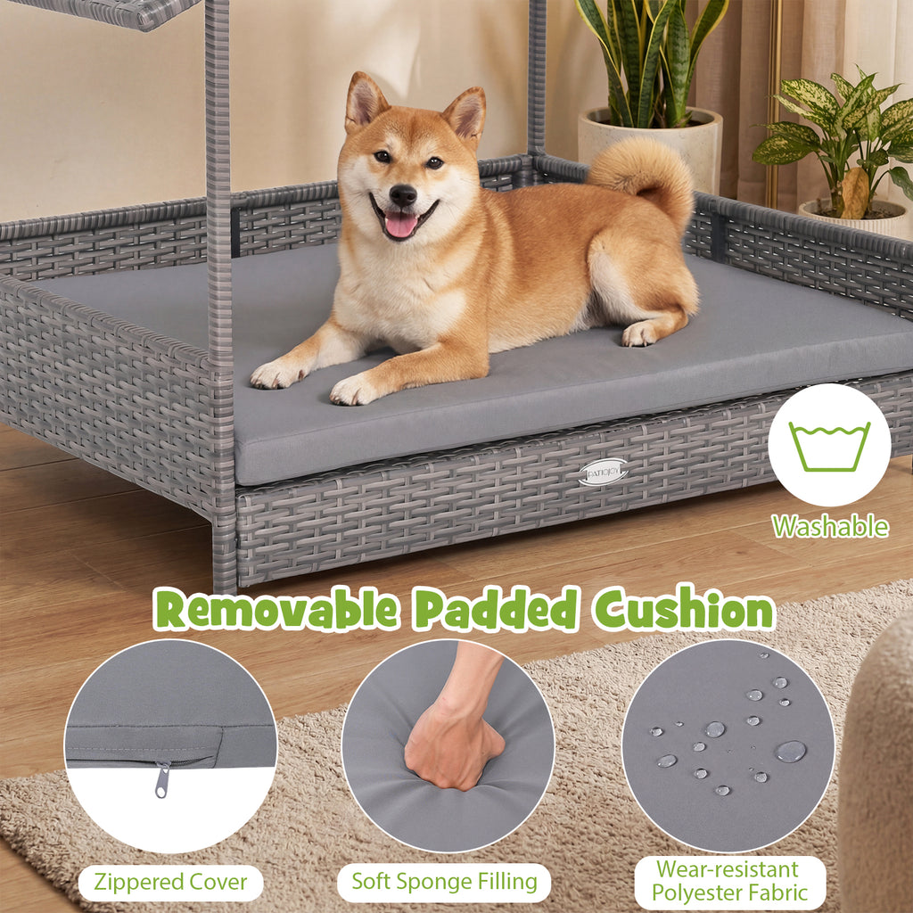Wicker Dog House Elevated PE Rattan Dog Bed with Canopy-Gray