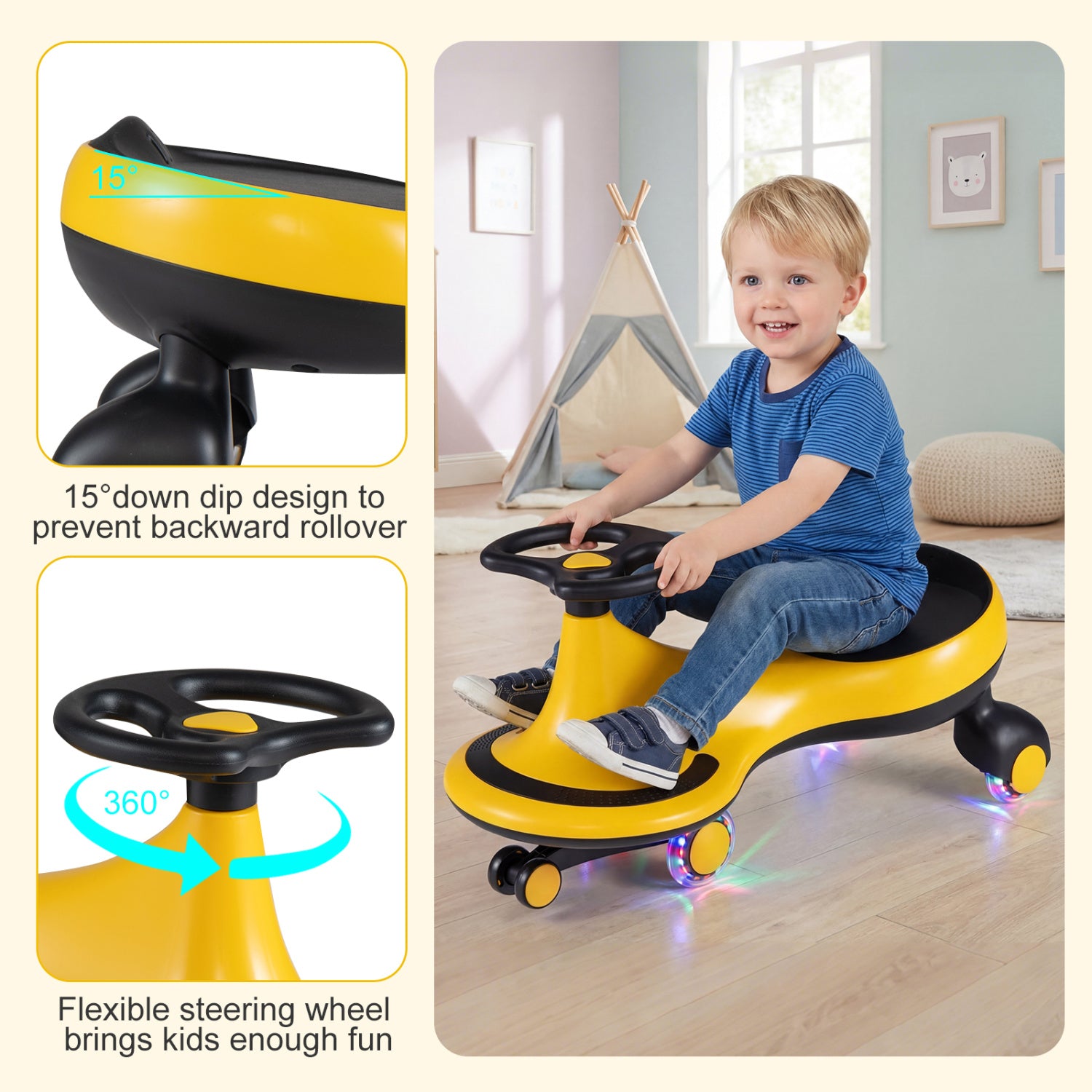 Wiggle Car Ride-on Toy with Flashing Wheels-Yellow