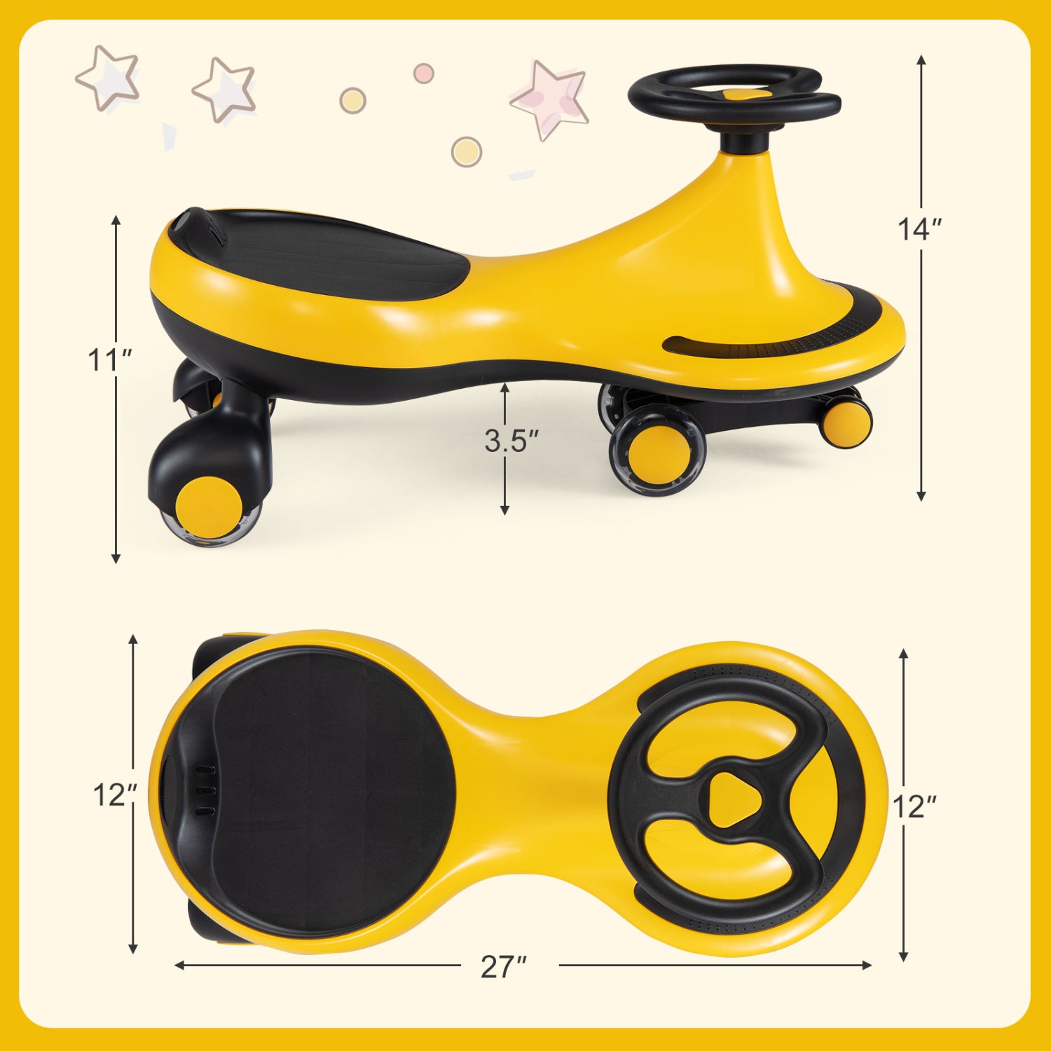 Wiggle Car Ride-on Toy with Flashing Wheels-Yellow