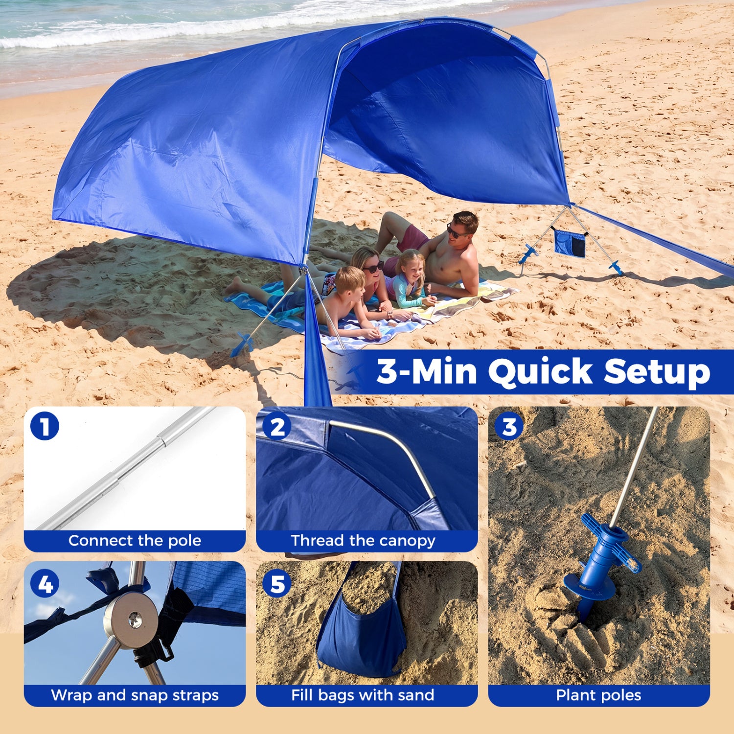 Tente de plage portable coupe-vent, abri solaire, auvent de pique-nique - Bleu marine