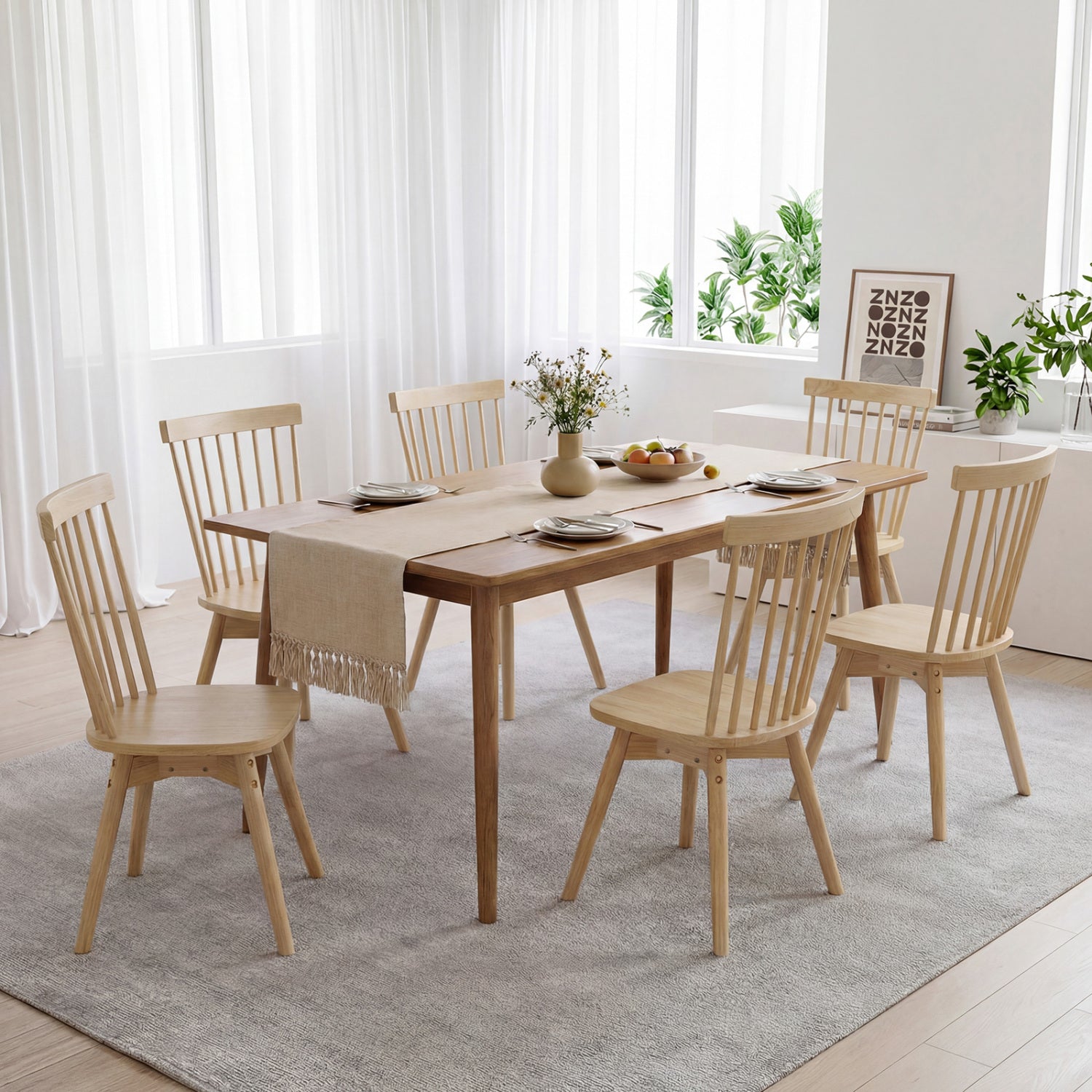 Windsor Dining Chairs Set of 2 Mid Century Rubber Wood Kitchen Chairs with Swivel Seat-Natural