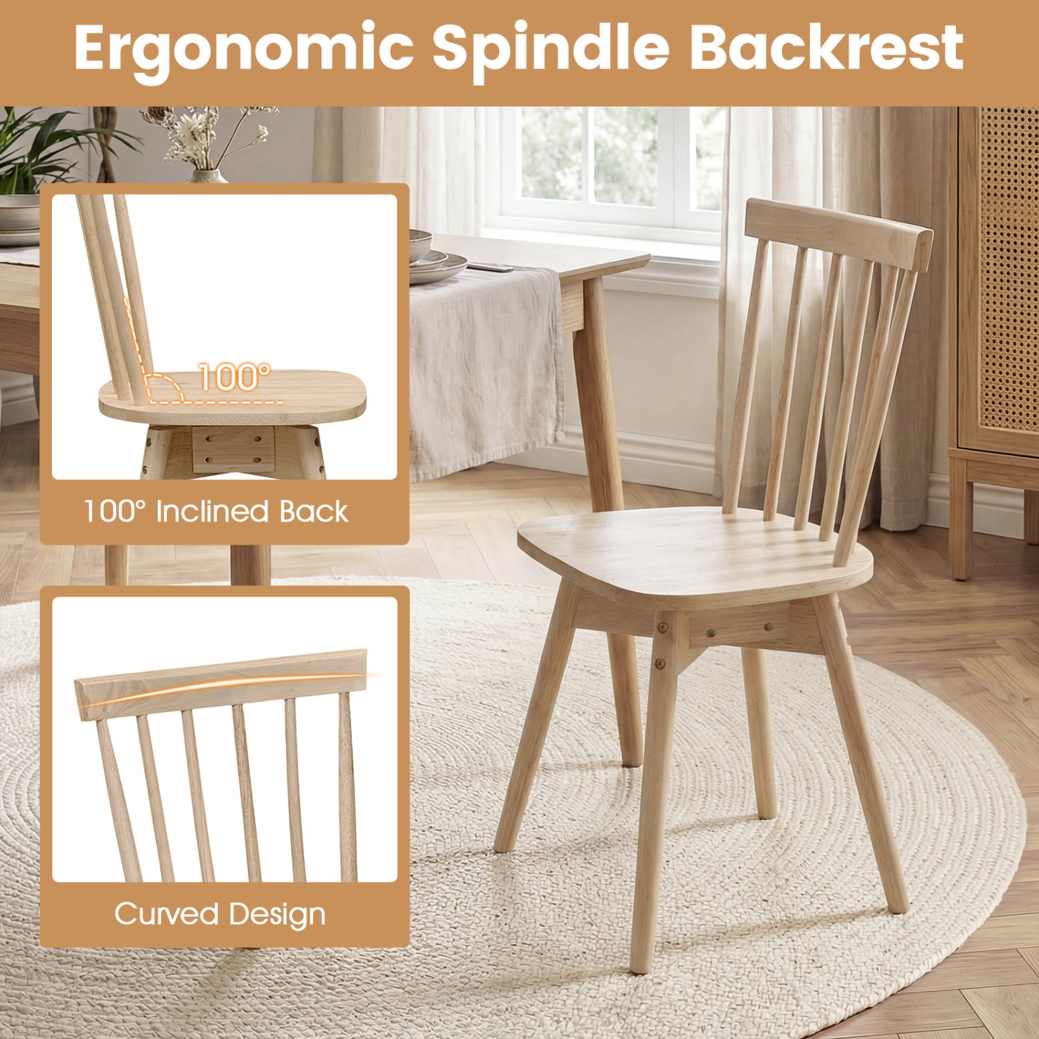 Windsor Dining Chairs Set of 4 Mid Century Rubber Wood Kitchen Chairs with Swivel Seat-Natural