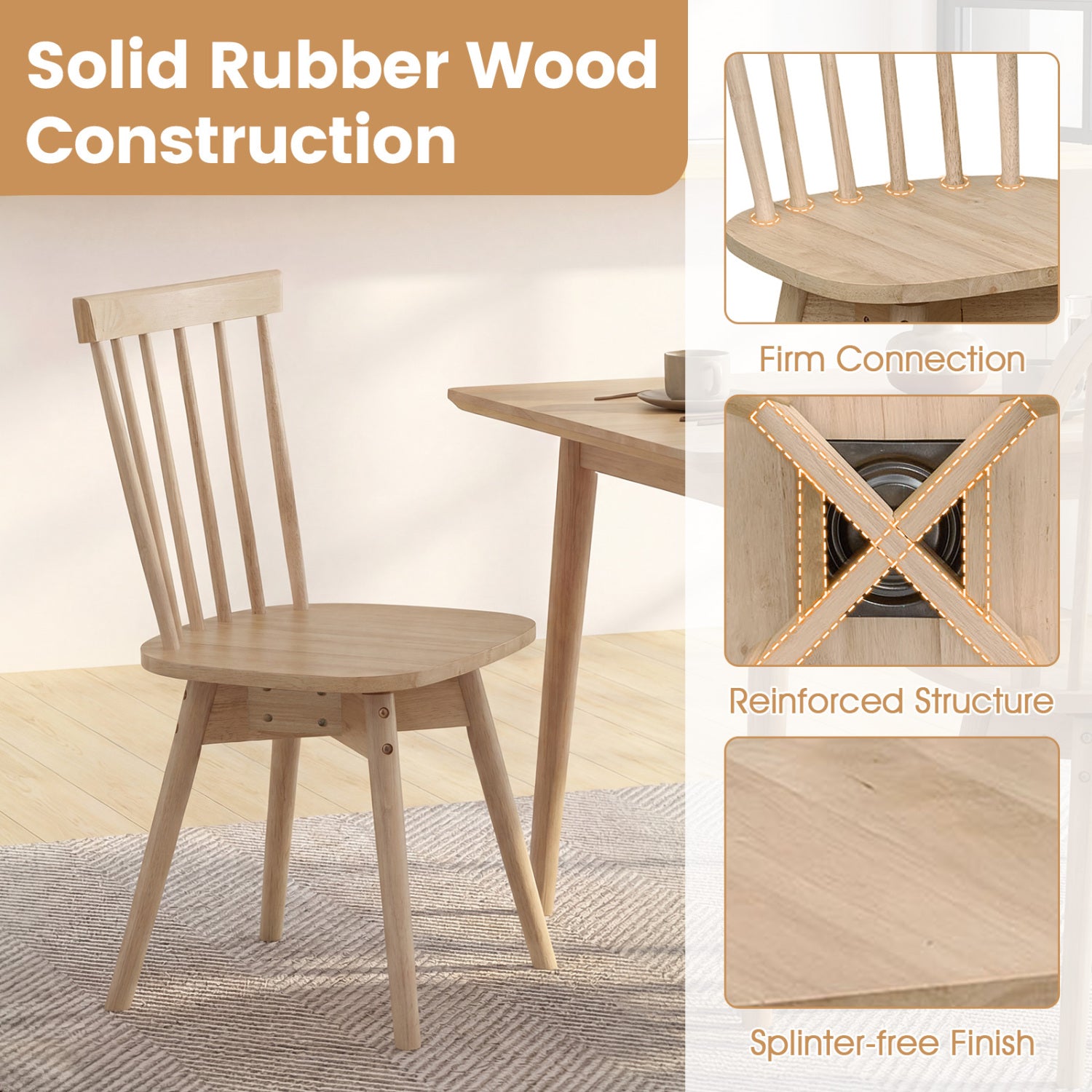 Windsor Dining Chairs Set of 4 Mid Century Rubber Wood Kitchen Chairs with Swivel Seat-Natural