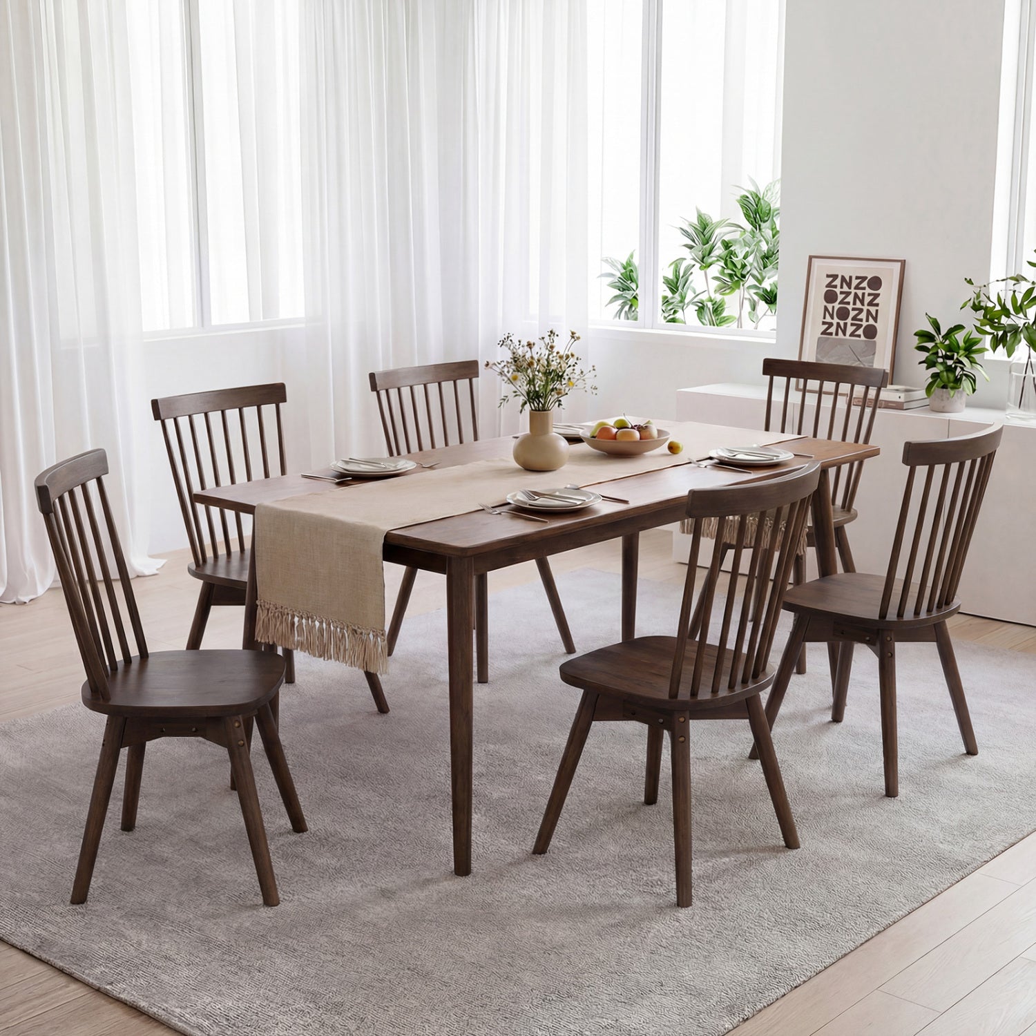 Windsor Dining Chairs Set of 4 Mid Century Rubber Wood Kitchen Chairs with Swivel Seat-Walnut