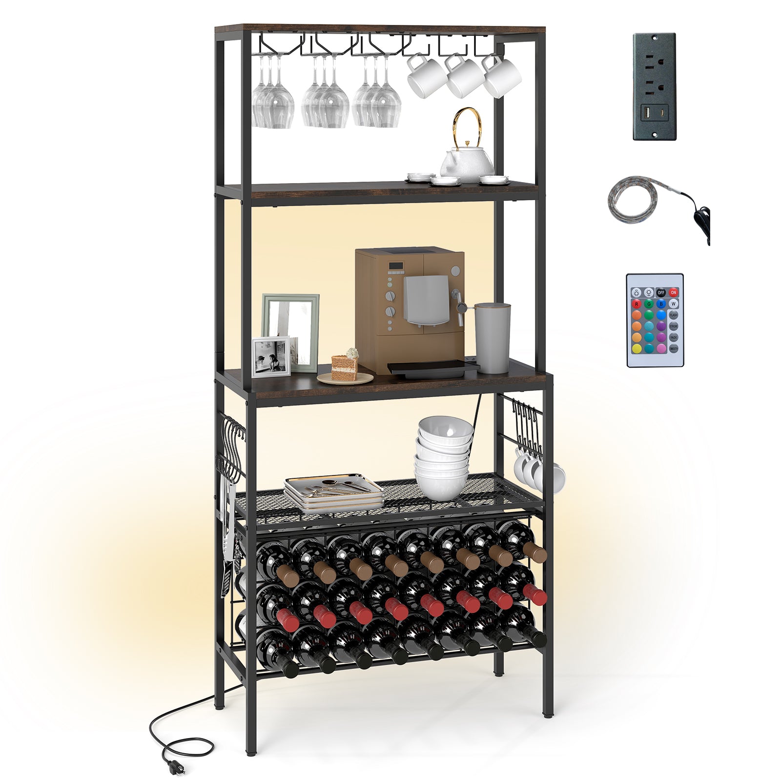 Wine Organizer with Power Outlet and Bottle Holders-Rustic Brown