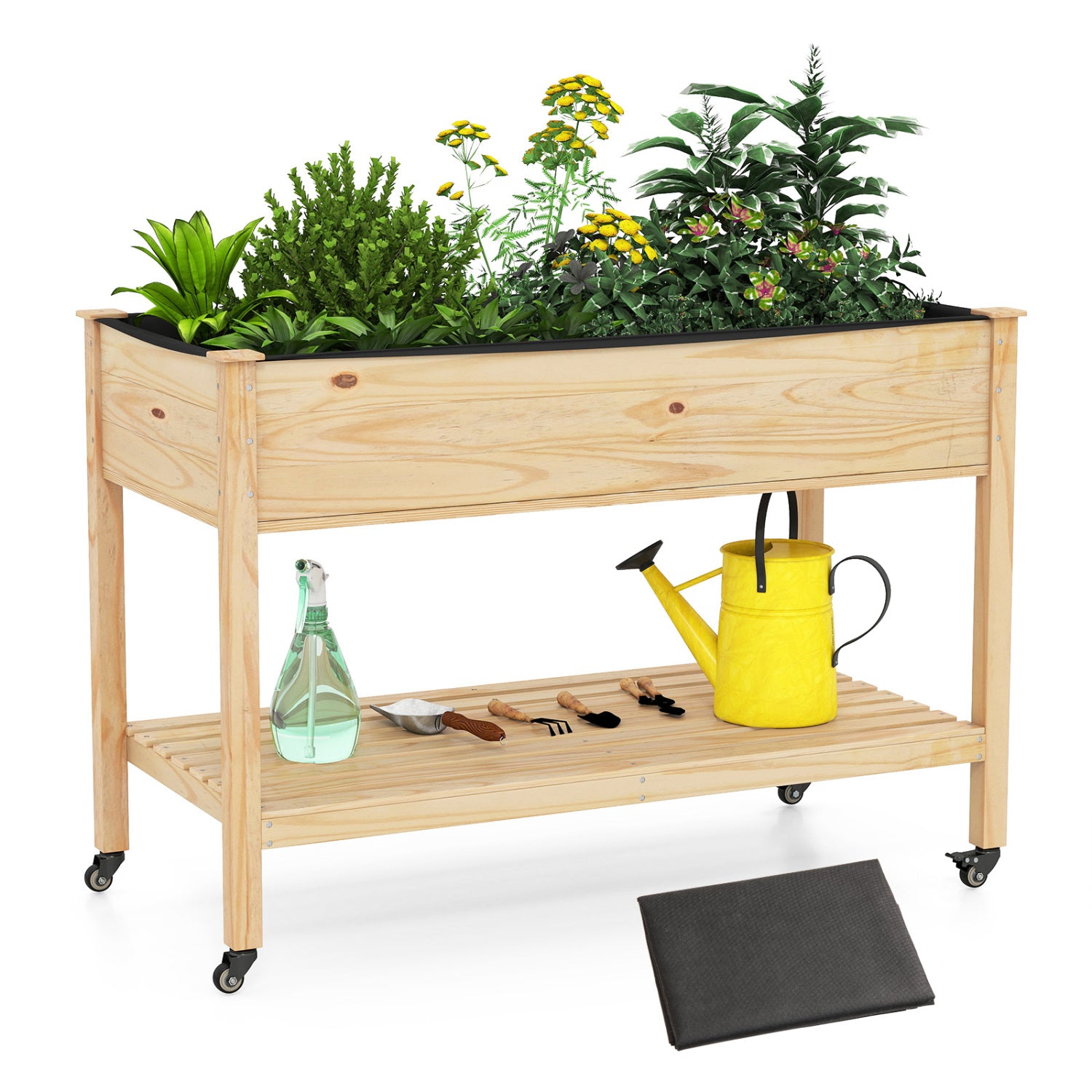 Jardinière surélevée en bois avec étagère à roulettes verrouillables et doublure intérieure