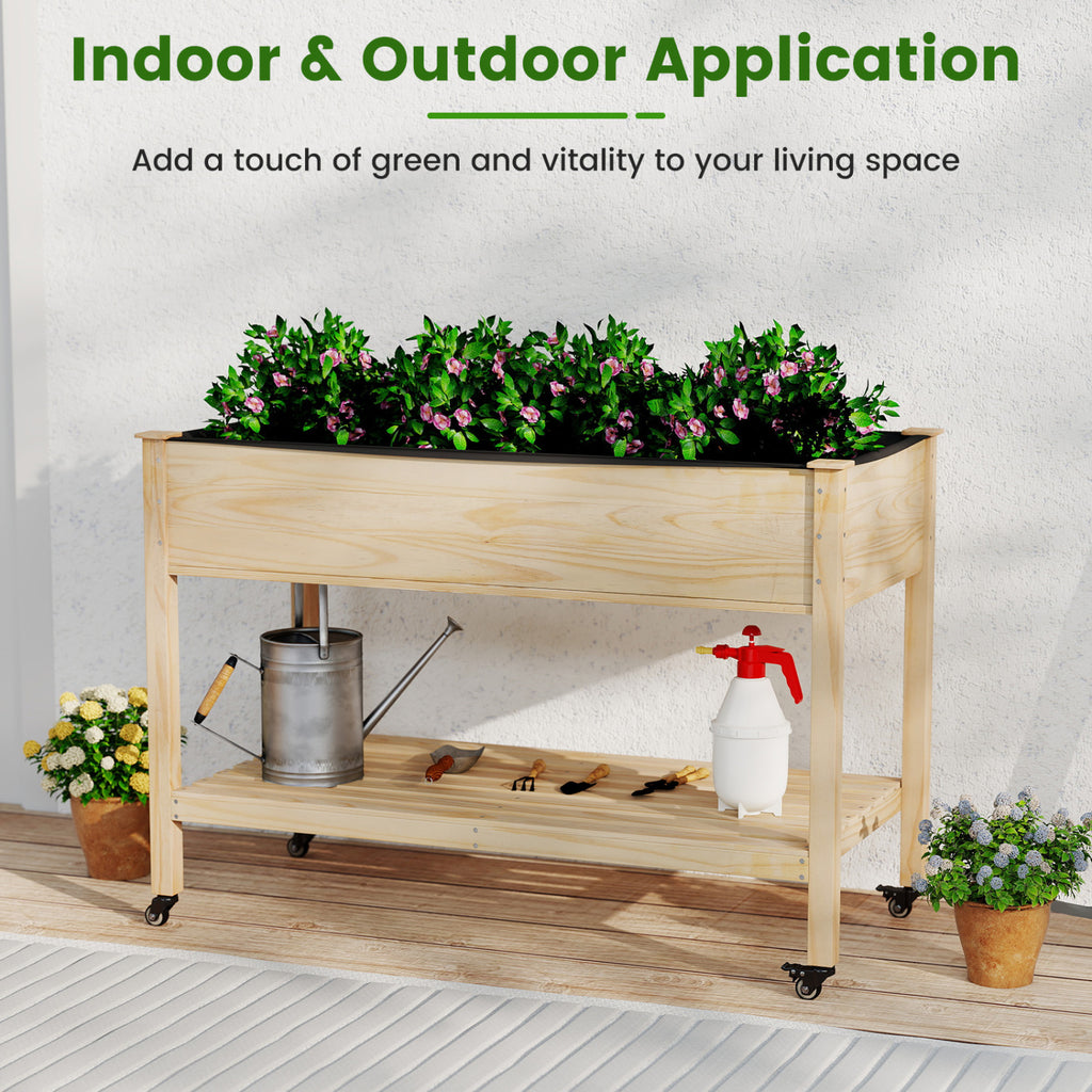 Jardinière surélevée en bois avec étagère à roulettes verrouillables et doublure intérieure