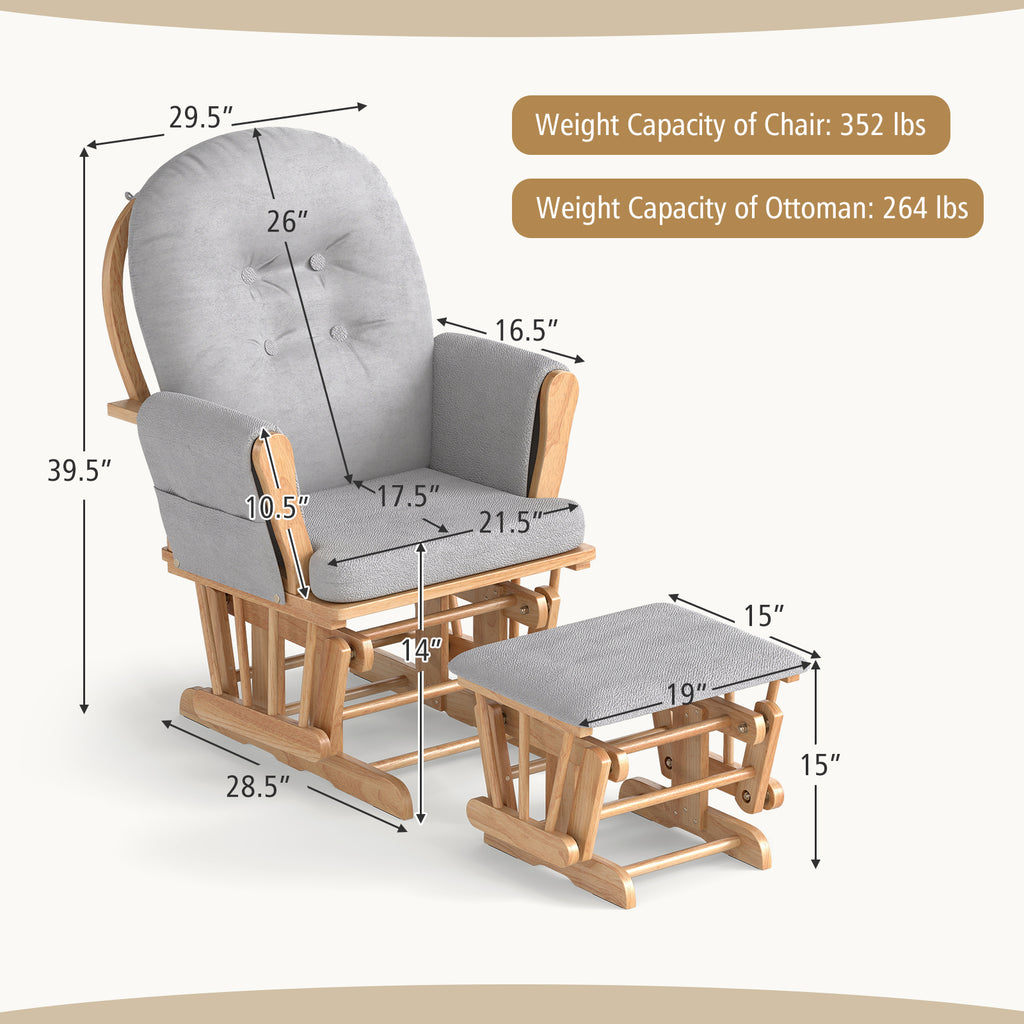 Wood Glider and Ottoman Set with Padded Armrests and Detachable Cushion-Natural