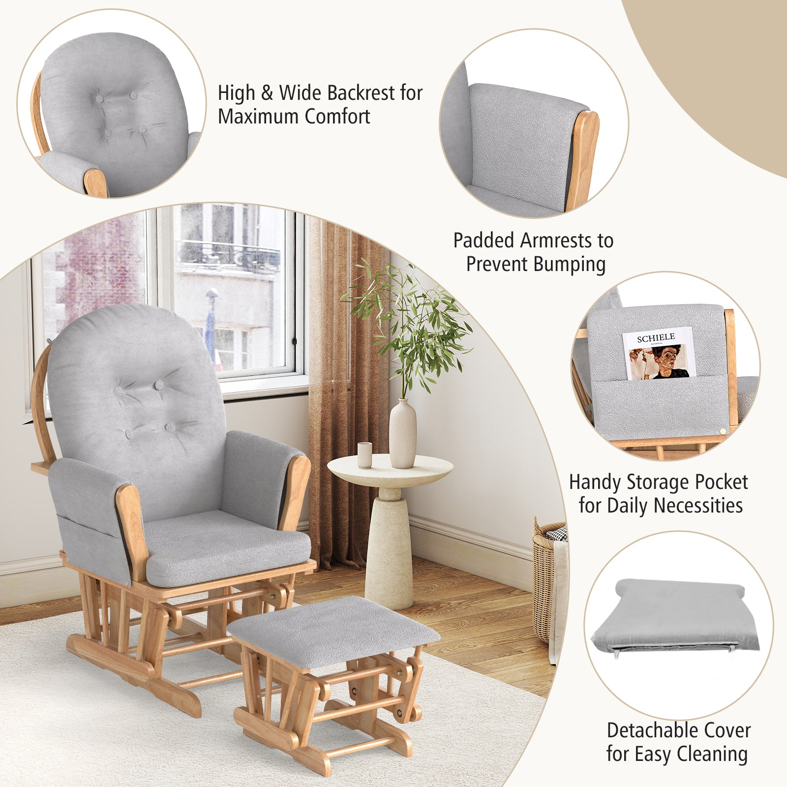 Wood Glider and Ottoman Set with Padded Armrests and Detachable Cushion-Natural