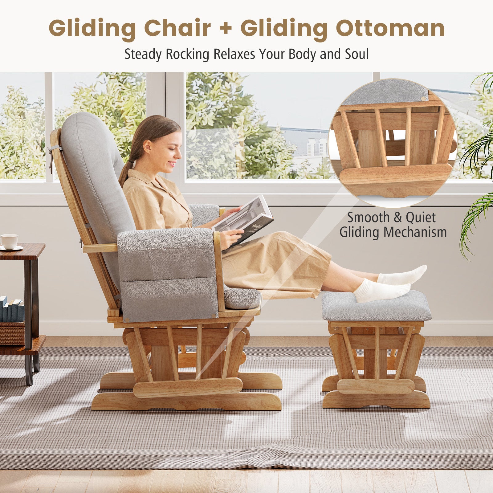 Wood Glider and Ottoman Set with Padded Armrests and Detachable Cushion-Natural