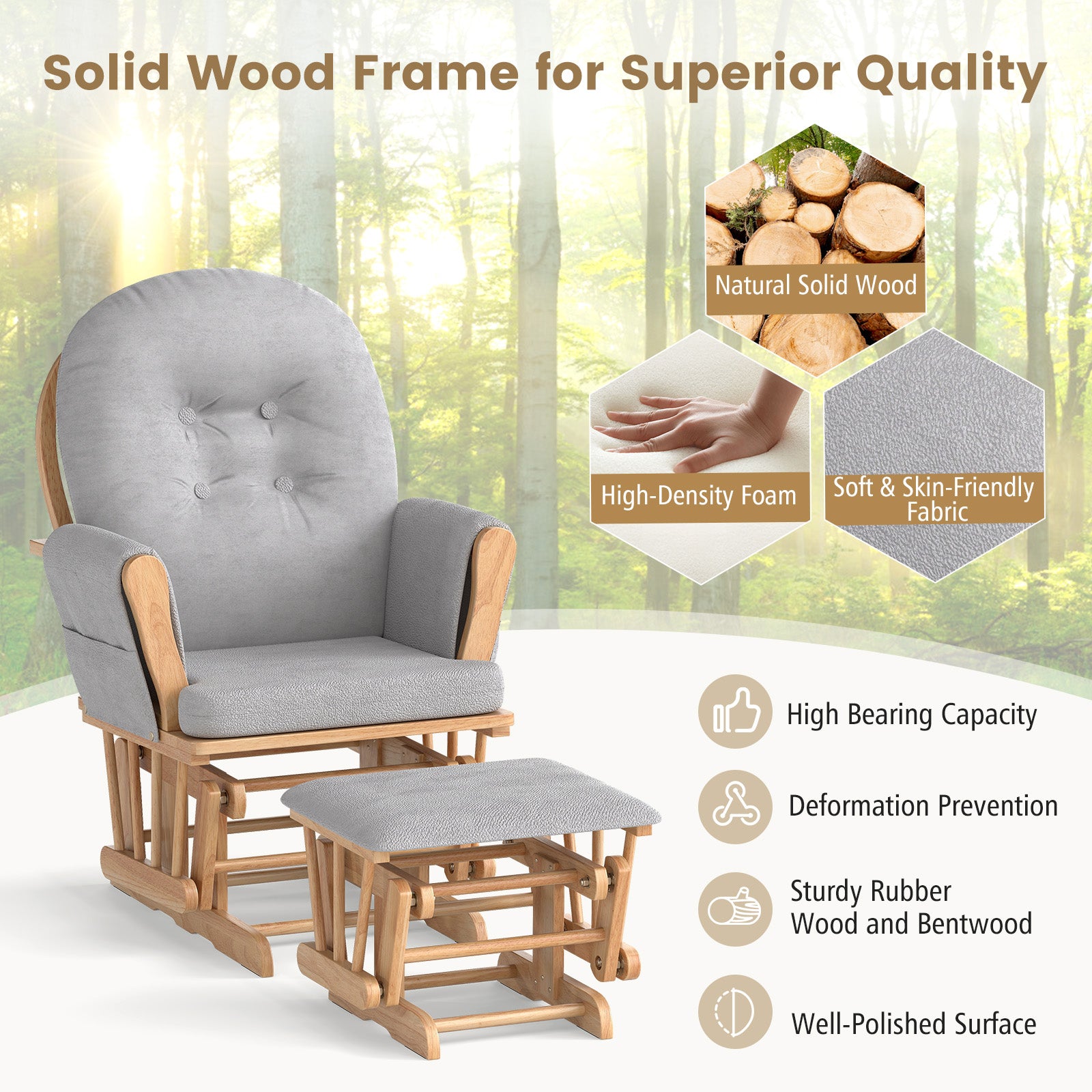 Wood Glider and Ottoman Set with Padded Armrests and Detachable Cushion-Natural