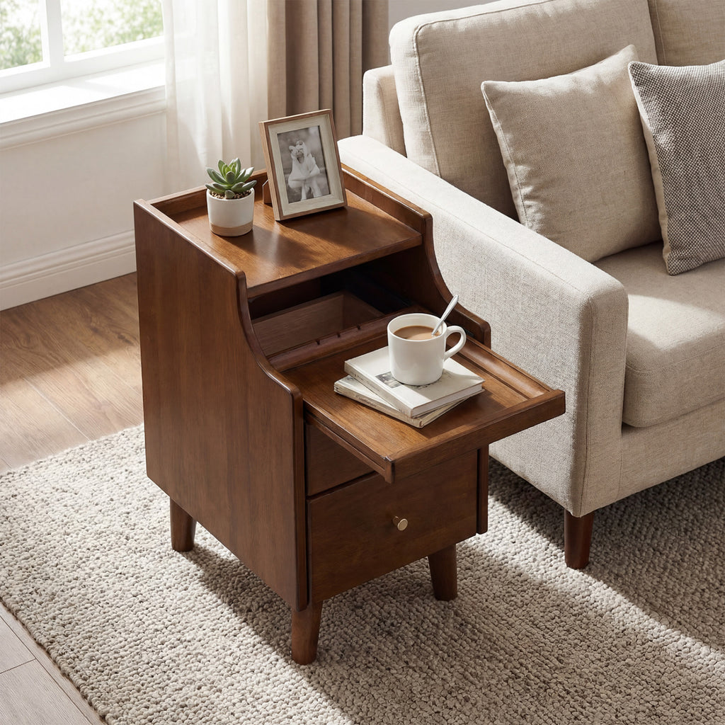 Wood Nightstand Set of 2 with Drawers and Solid Wood Legs-Brown
