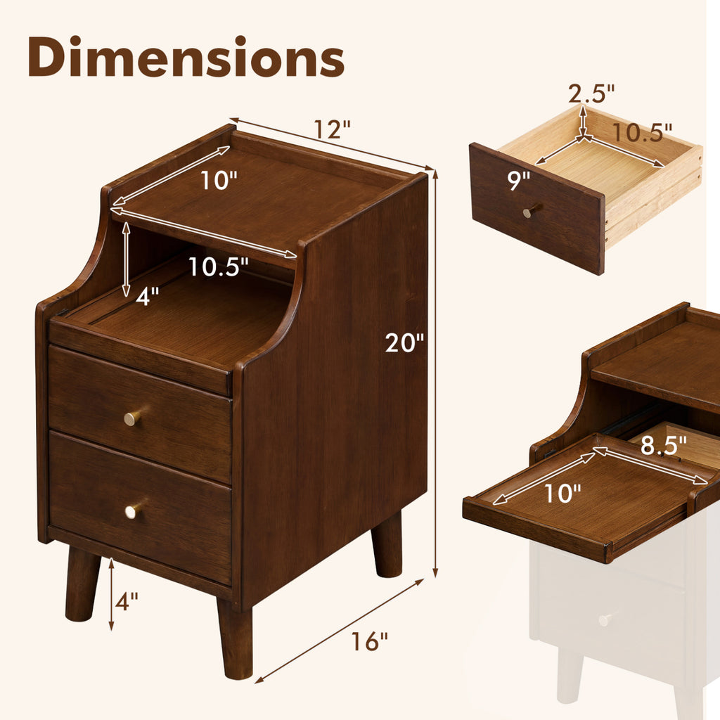 Wood Nightstand Set of 2 with Drawers and Solid Wood Legs-Brown