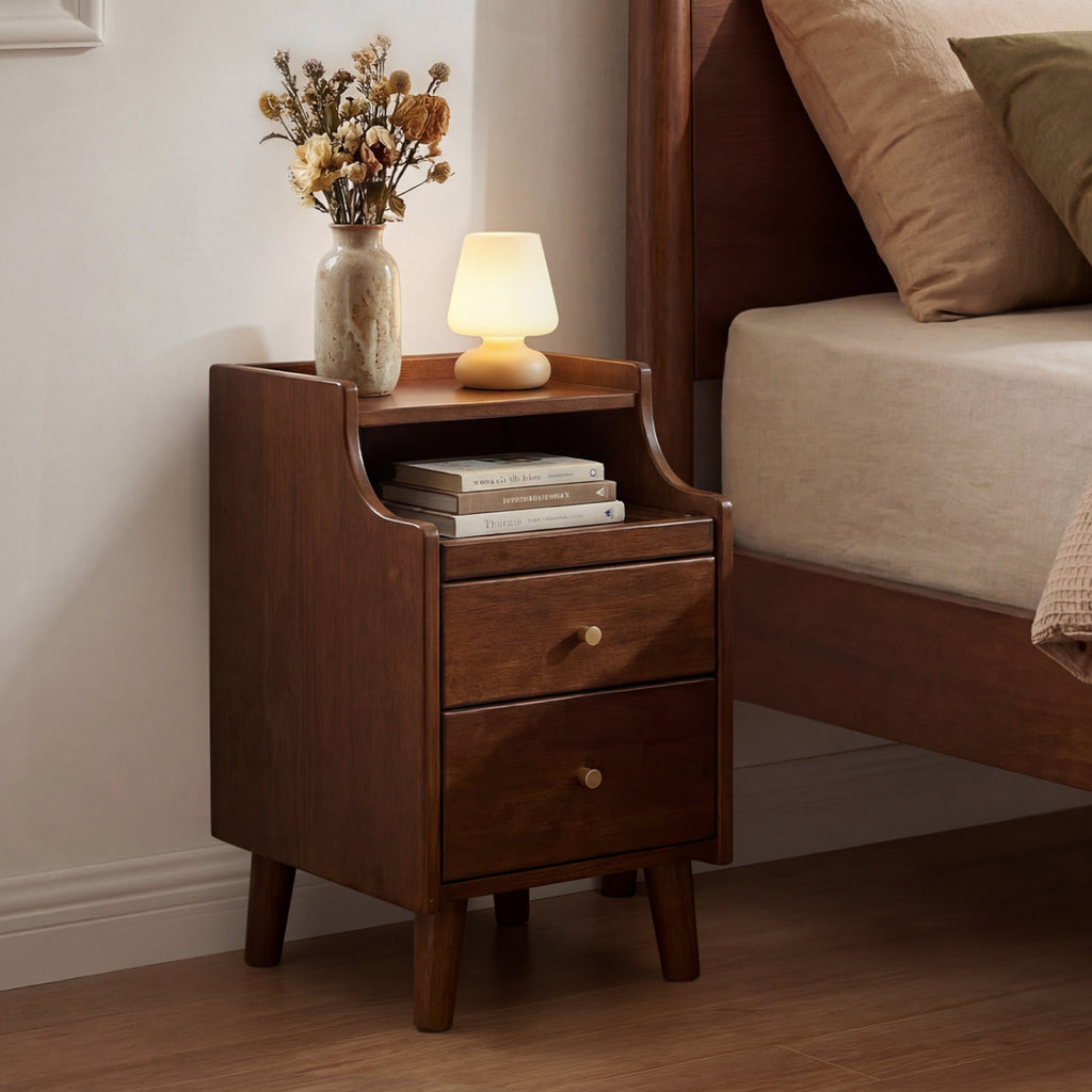 Wood Nightstand Set of 2 with Drawers and Solid Wood Legs-Brown