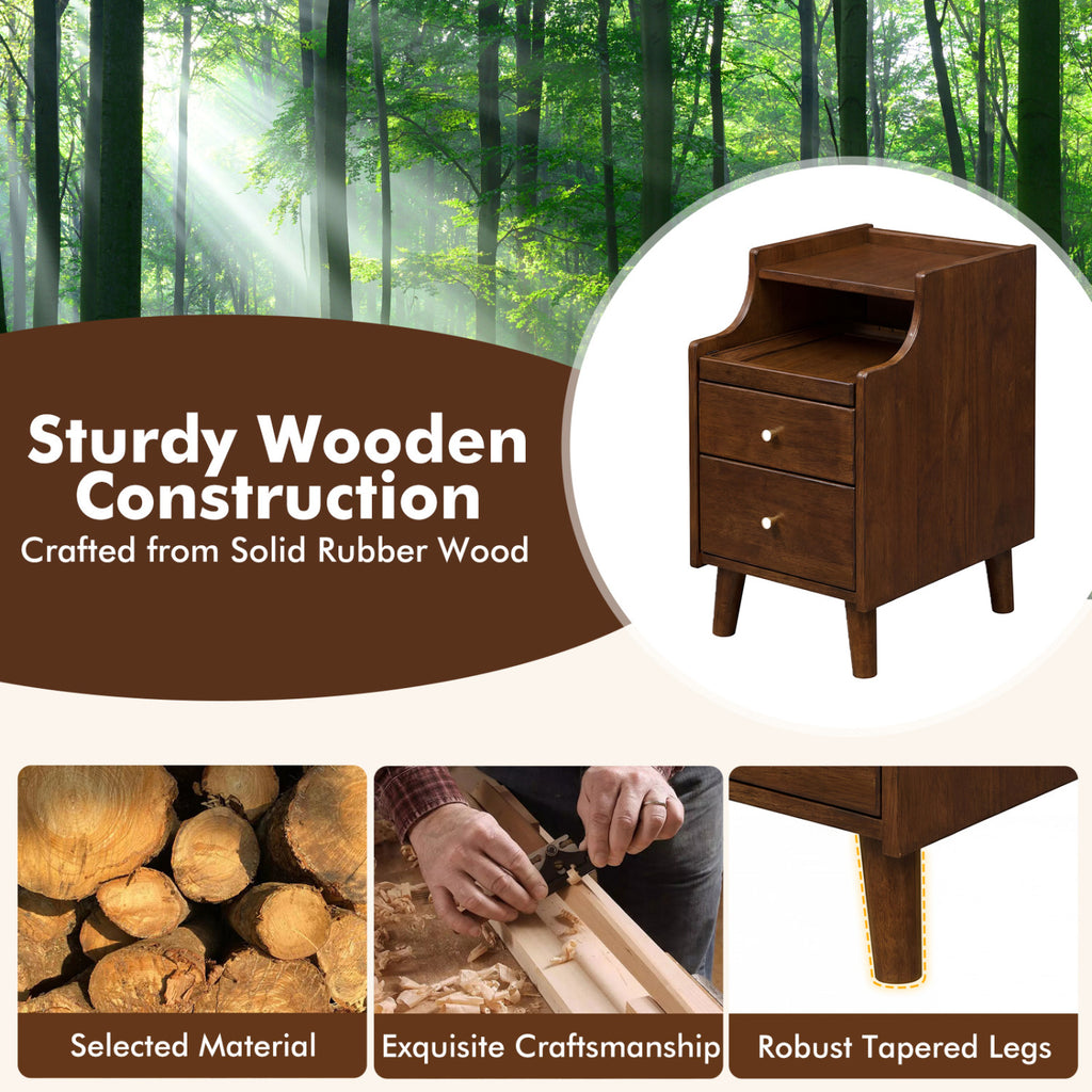 Wood Nightstand Set of 2 with Drawers and Solid Wood Legs-Brown