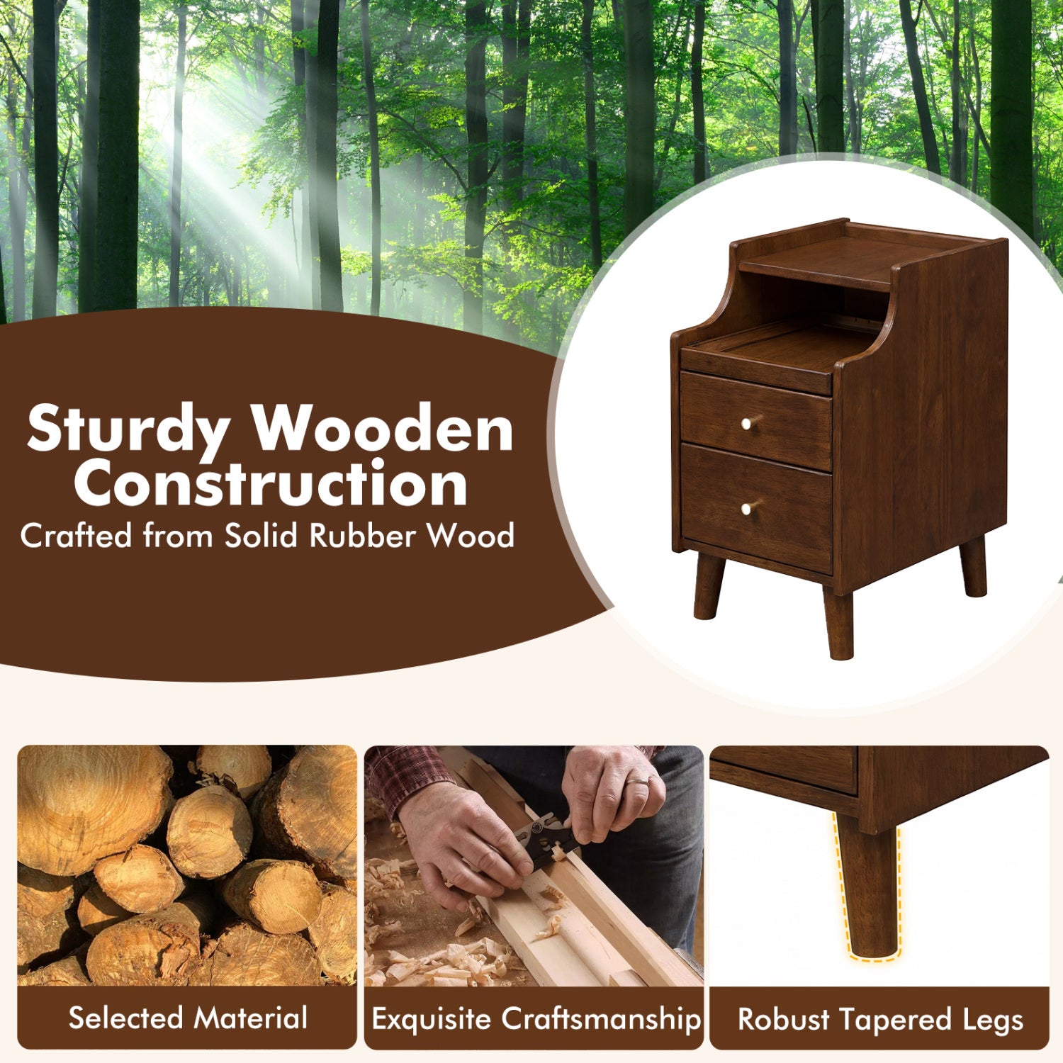 Wood Nightstand Set of 2 with Drawers and Solid Wood Legs-Brown