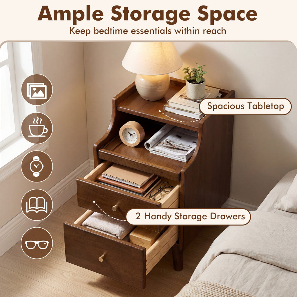 Wood Nightstand with Drawers and Solid Wood Legs for Bedroom-Brown