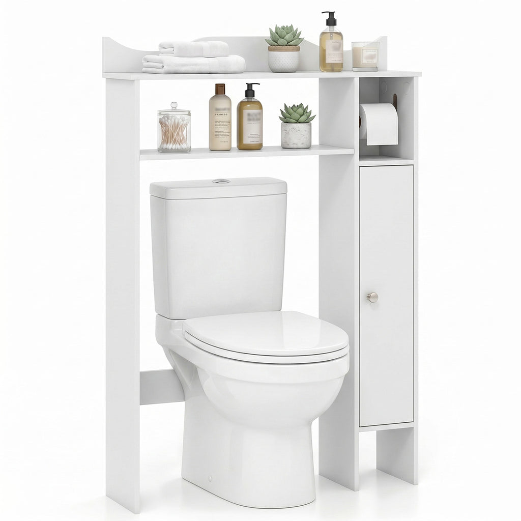 Wood Over the Toilet Bathroom Space Saver with Paper Holder and Shelf-White
