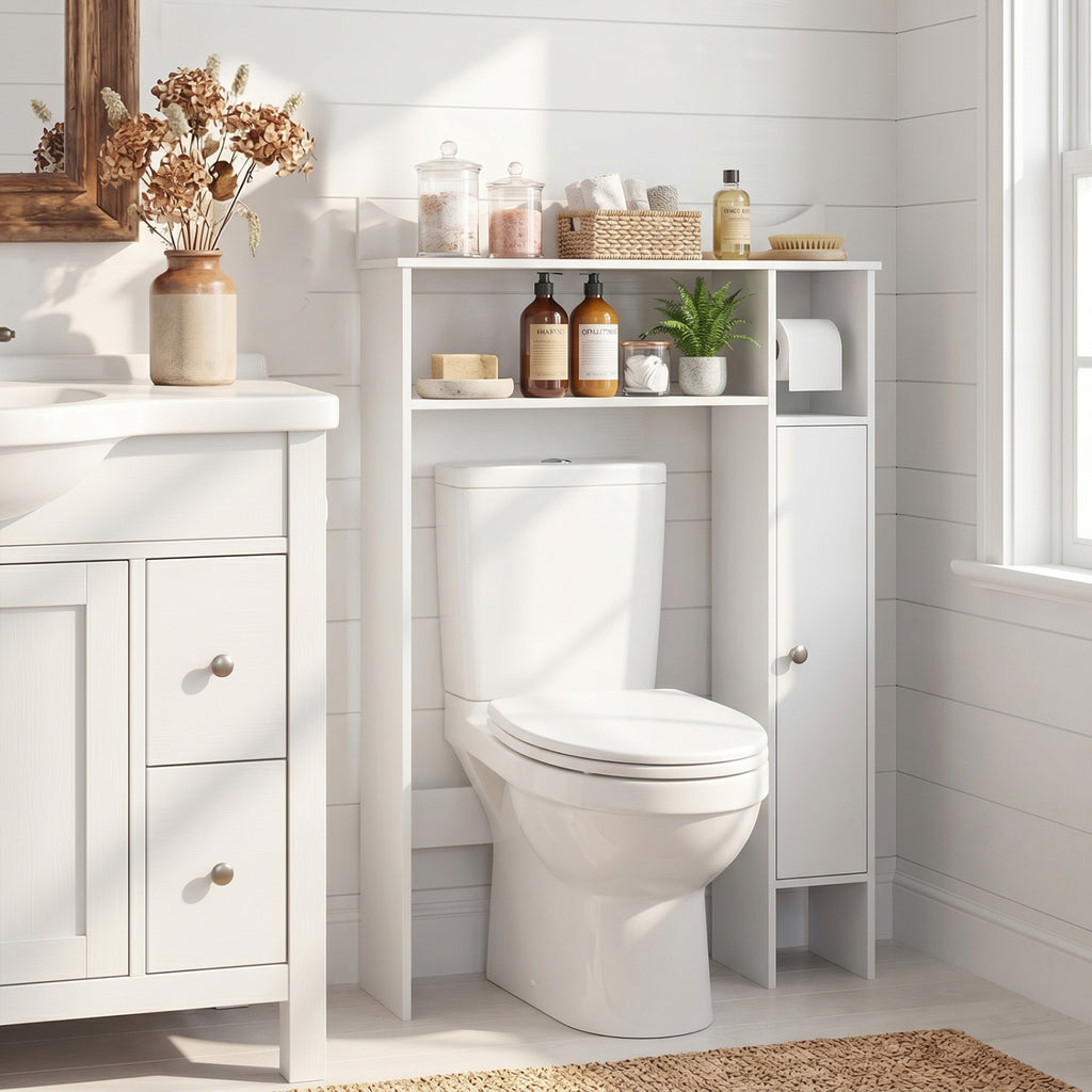 Wood Over the Toilet Bathroom Space Saver with Paper Holder and Shelf-White