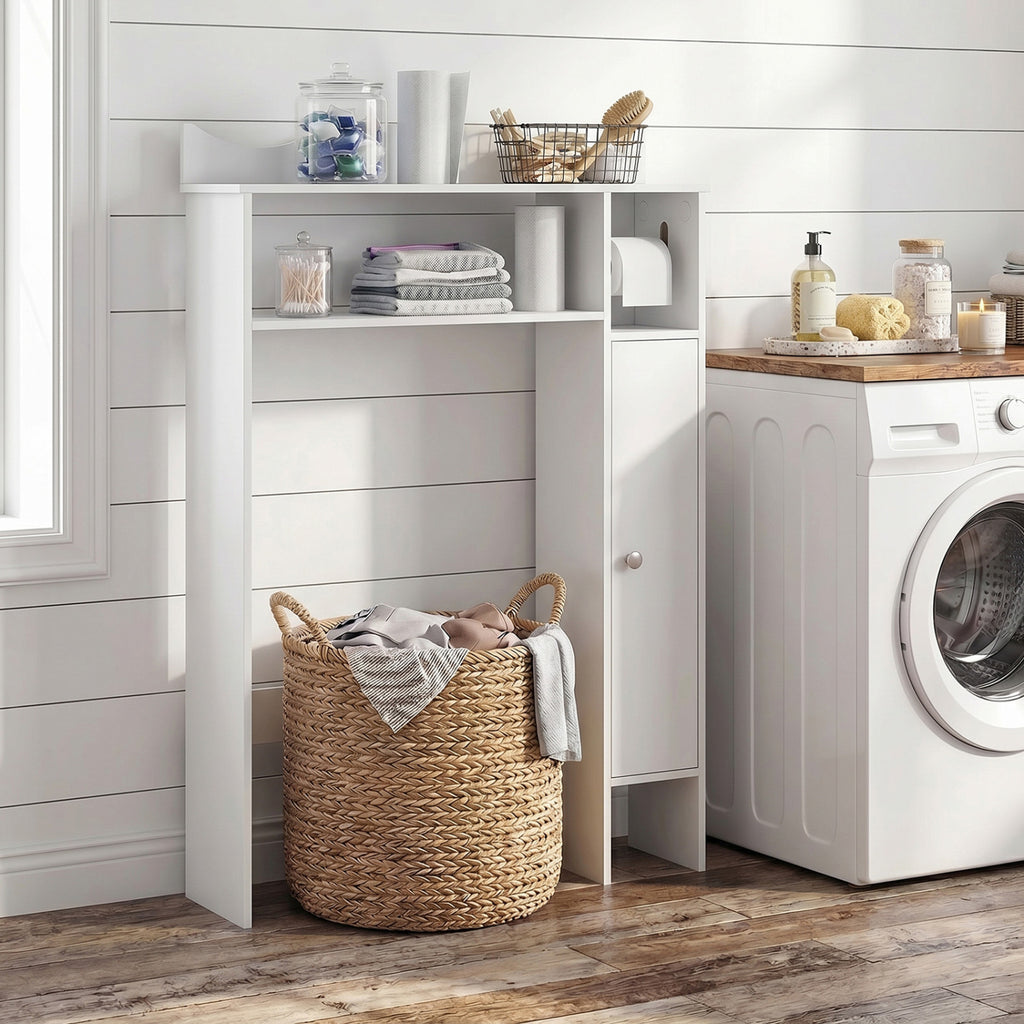 Wood Over the Toilet Bathroom Space Saver with Paper Holder and Shelf-White