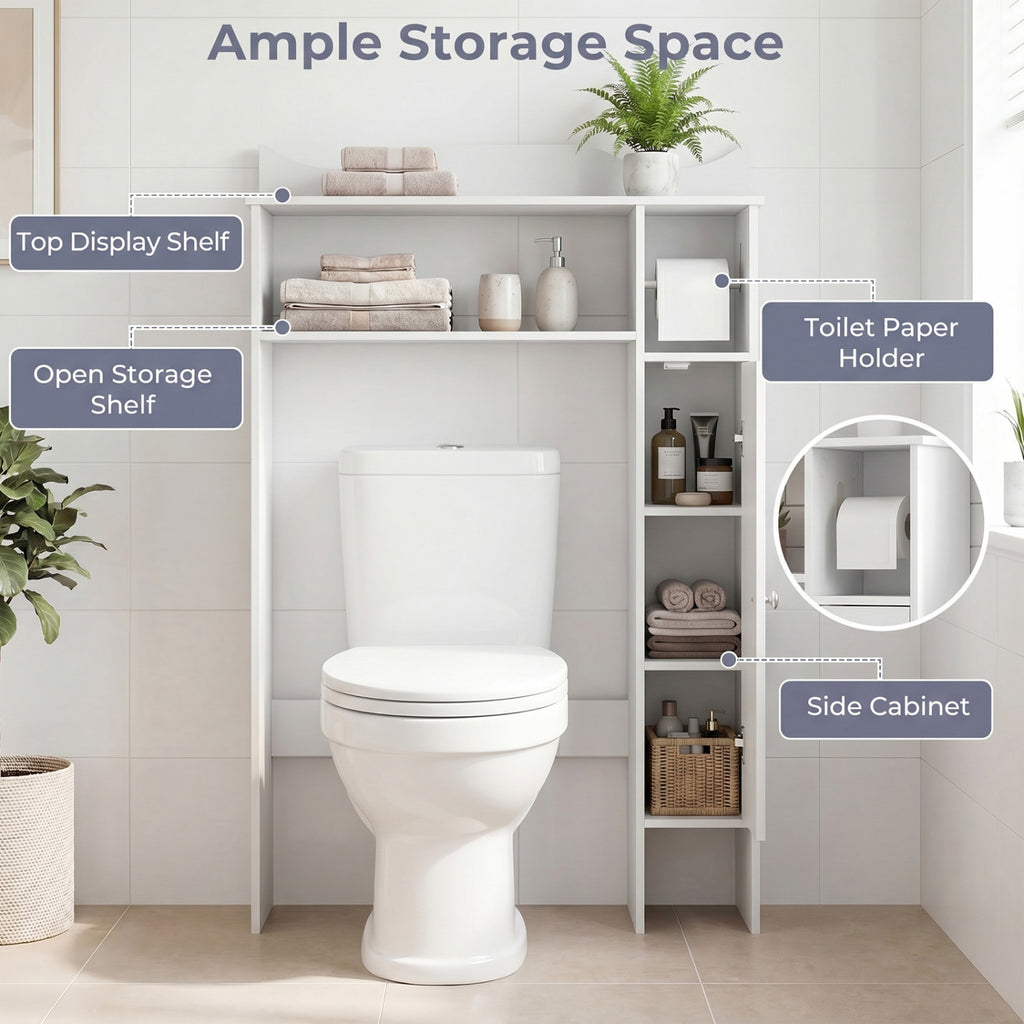 Wood Over the Toilet Bathroom Space Saver with Paper Holder and Shelf-White