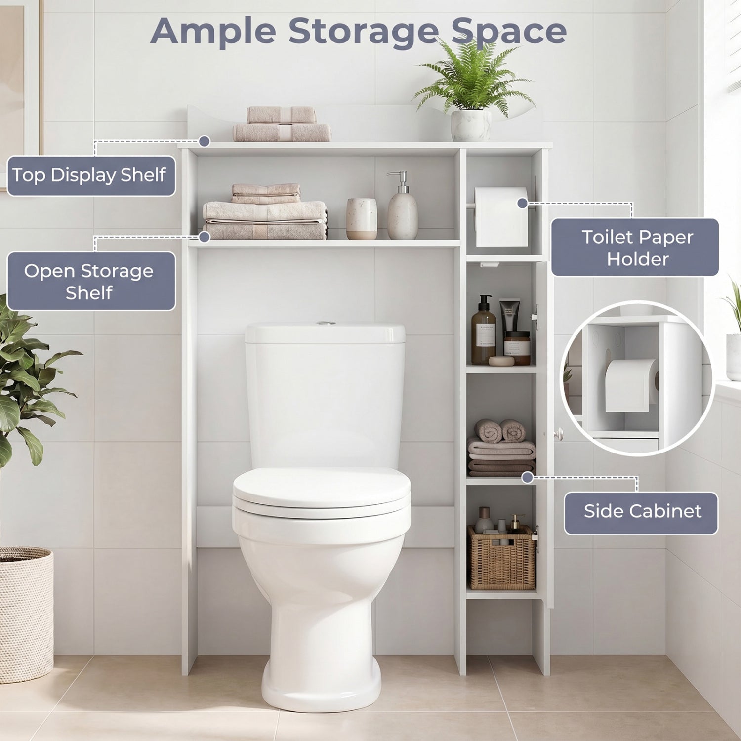 Wood Over the Toilet Bathroom Space Saver with Paper Holder and Shelf-White