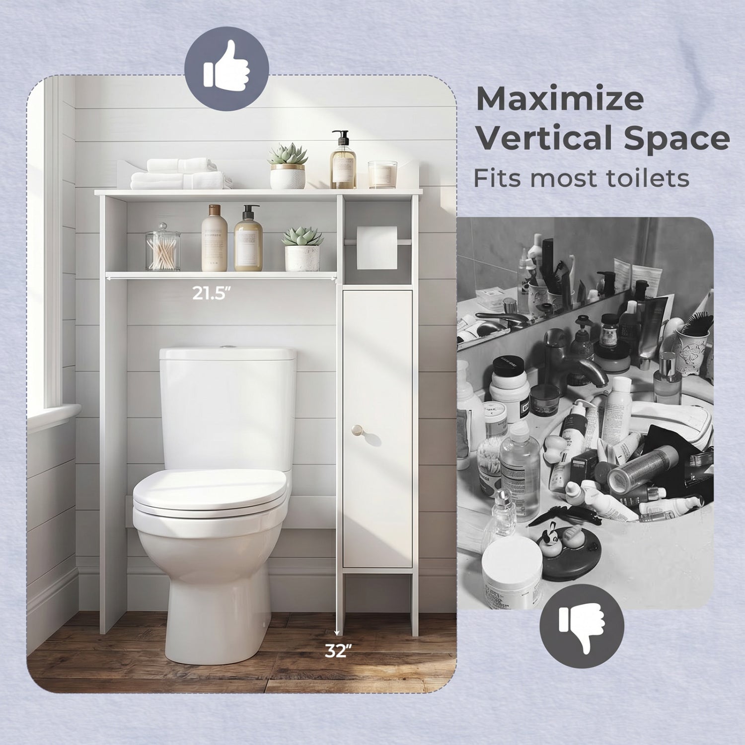 Wood Over the Toilet Bathroom Space Saver with Paper Holder and Shelf-White