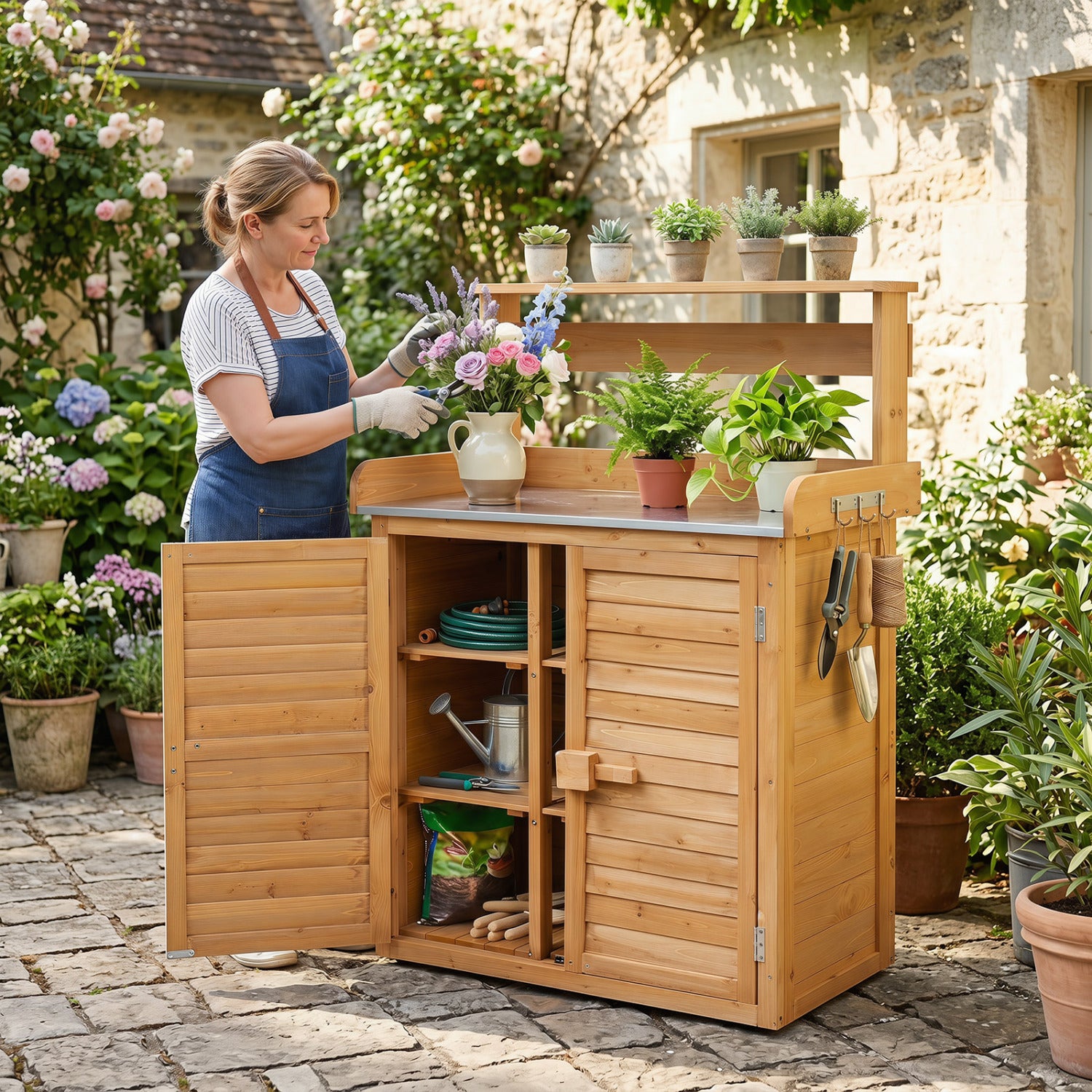 Wood Plant Workstation with Stainless Steel Tabletop and Removable Shelves-Natrual