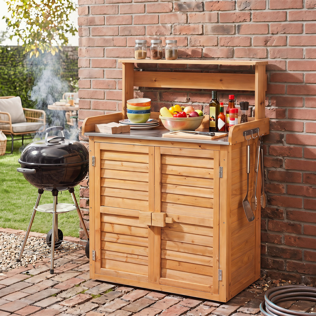 Wood Plant Workstation with Stainless Steel Tabletop and Removable Shelves-Natrual