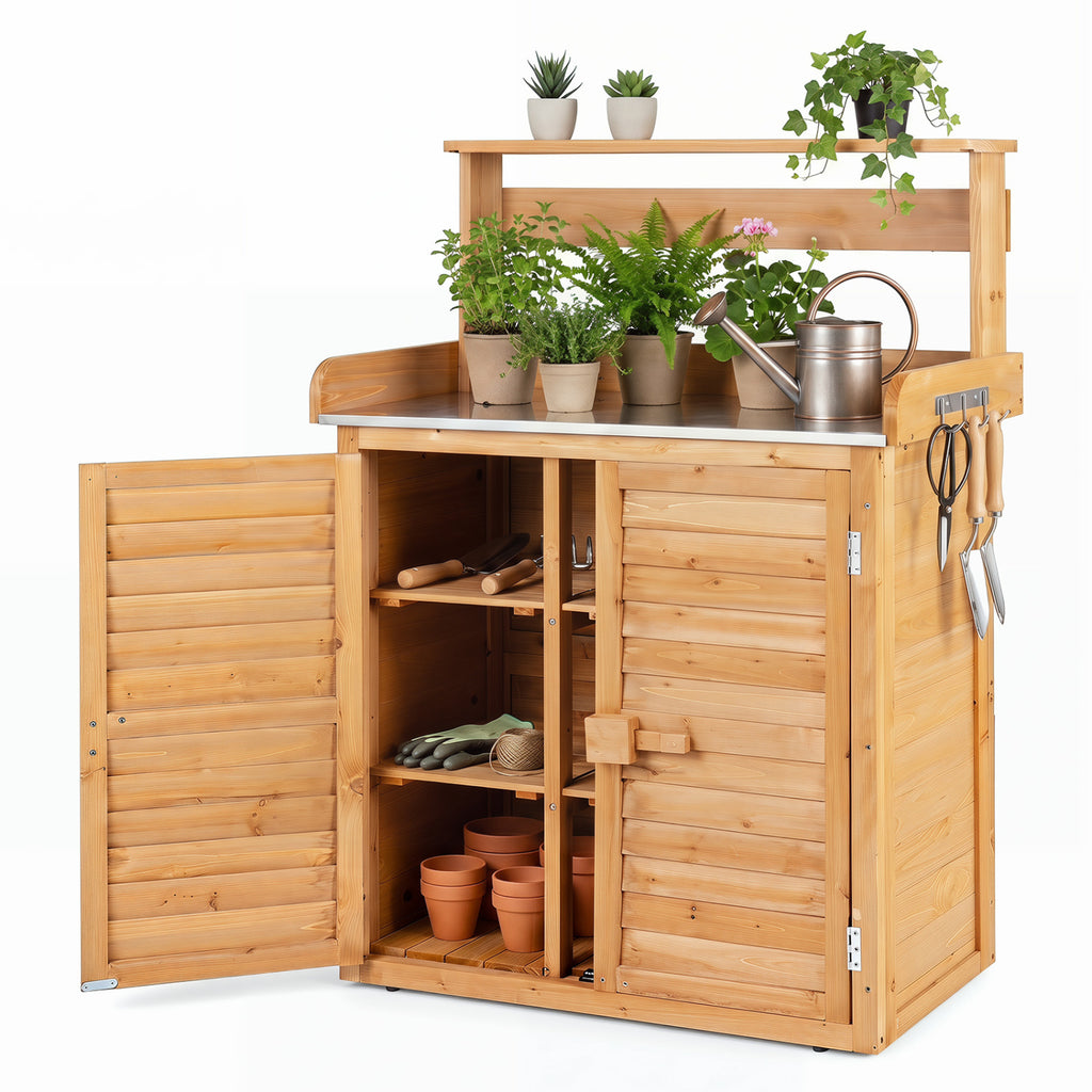 Wood Plant Workstation with Stainless Steel Tabletop and Removable Shelves-Natrual