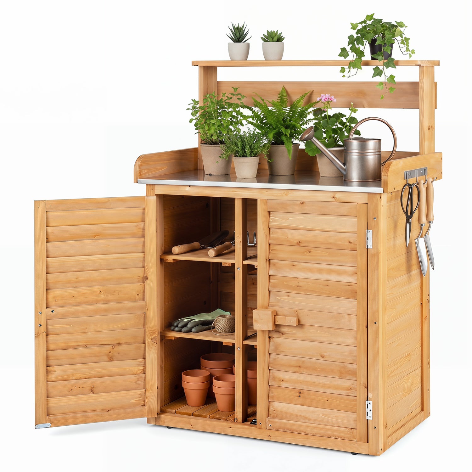 Wood Plant Workstation with Stainless Steel Tabletop and Removable Shelves-Natrual