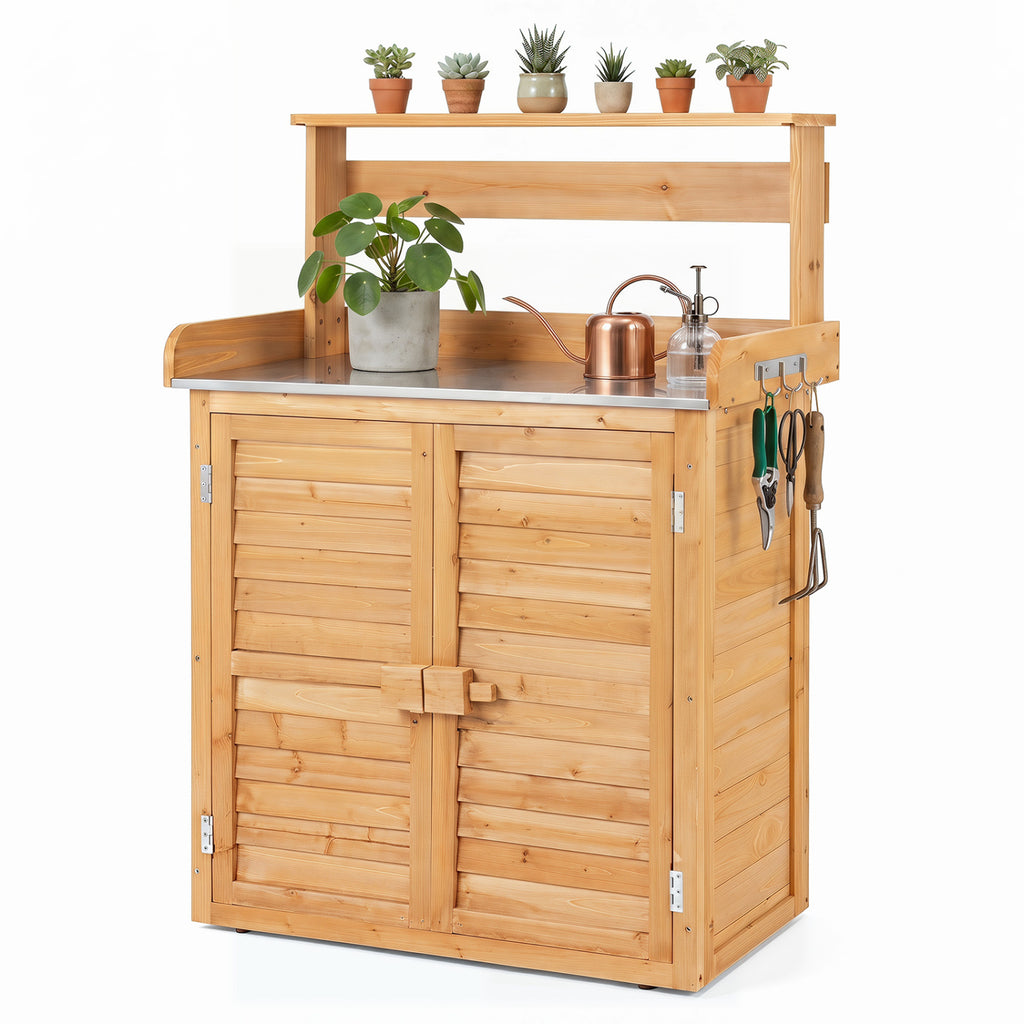 Wood Plant Workstation with Stainless Steel Tabletop and Removable Shelves-Natrual