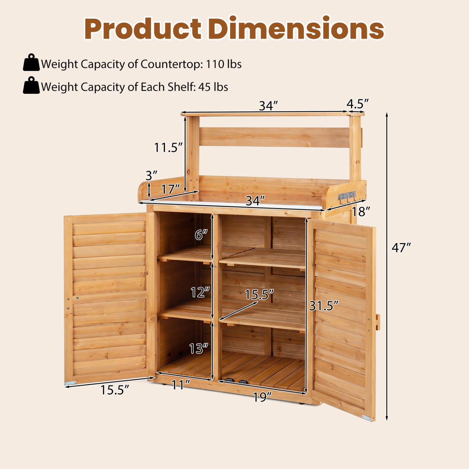 Wood Plant Workstation with Stainless Steel Tabletop and Removable Shelves-Natrual