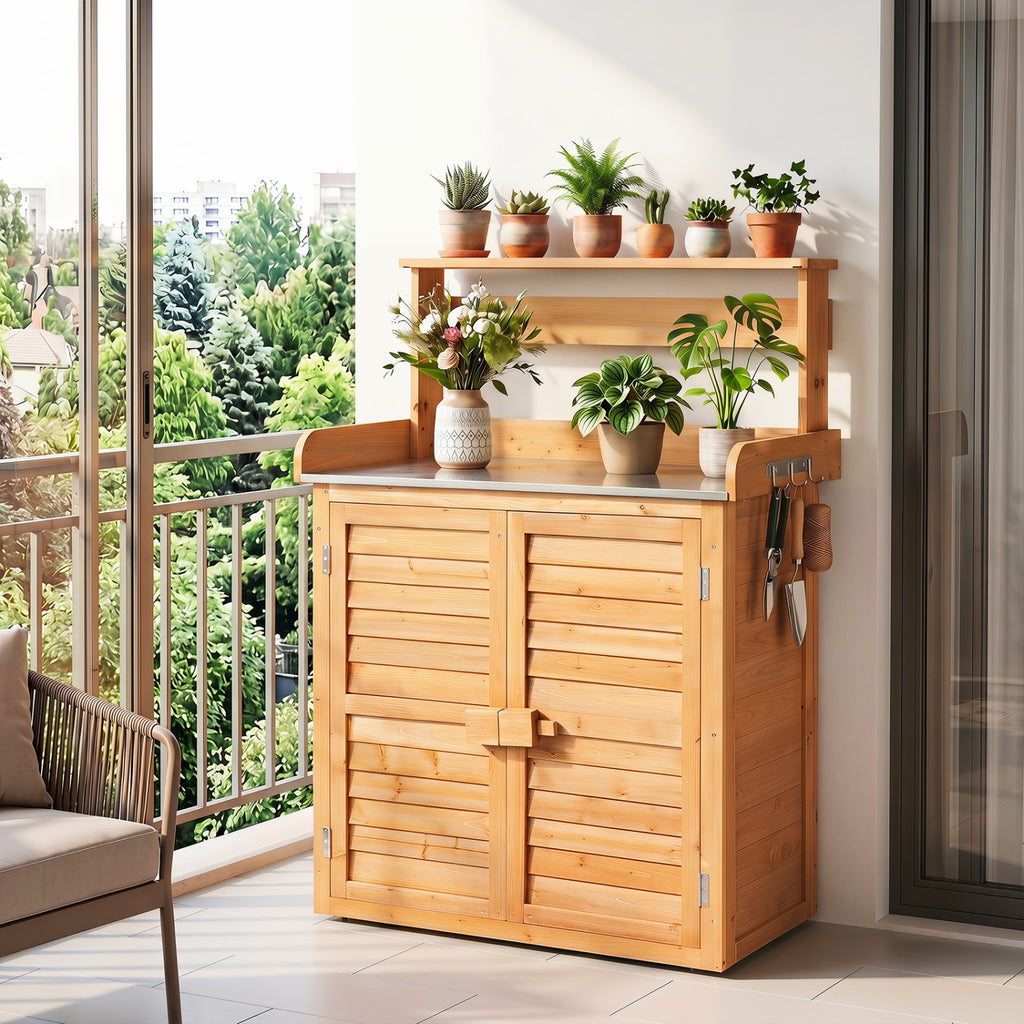 Wood Plant Workstation with Stainless Steel Tabletop and Removable Shelves-Natrual