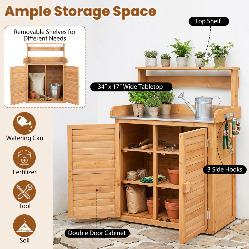 Wood Plant Workstation with Stainless Steel Tabletop and Removable Shelves-Natrual