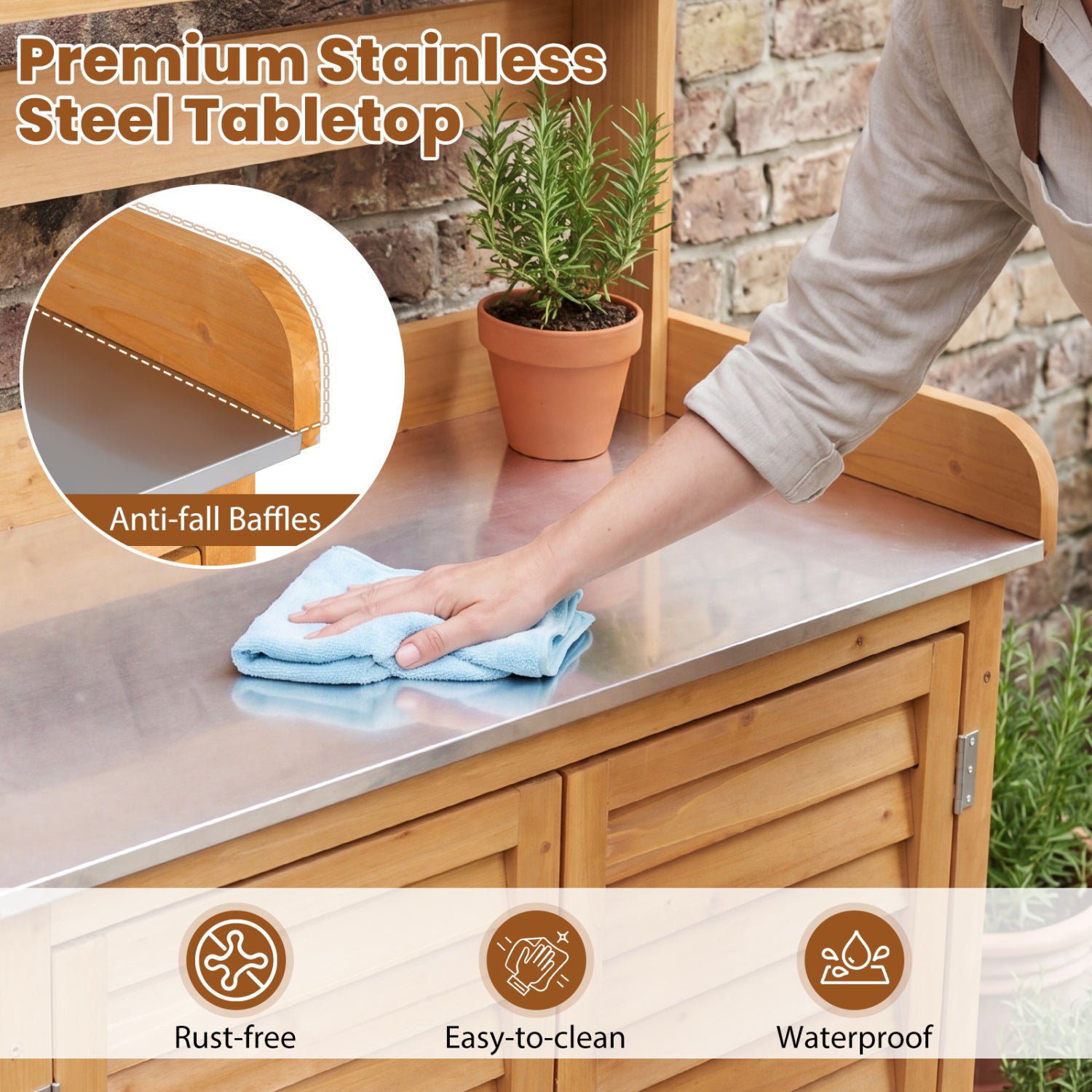Wood Plant Workstation with Stainless Steel Tabletop and Removable Shelves-Natrual