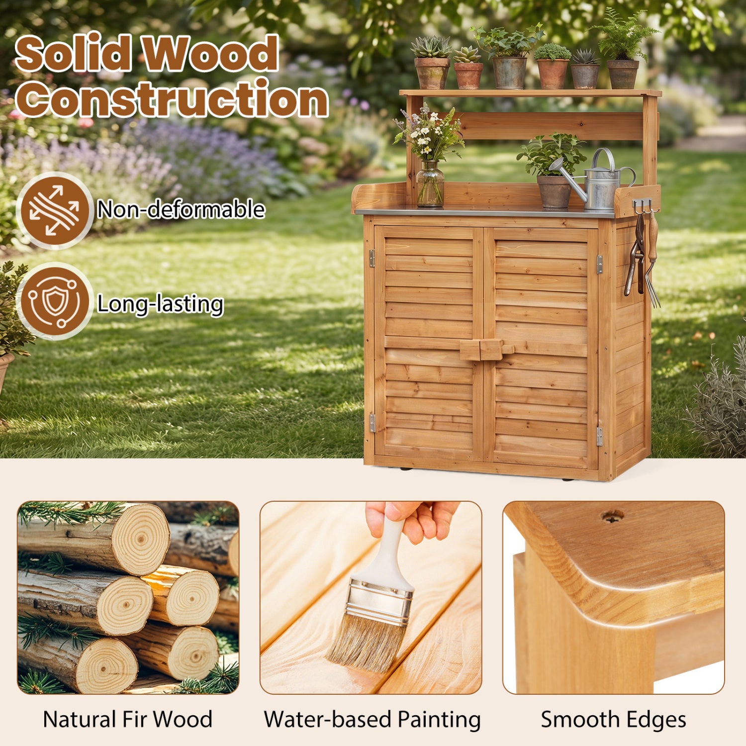 Wood Plant Workstation with Stainless Steel Tabletop and Removable Shelves-Natrual