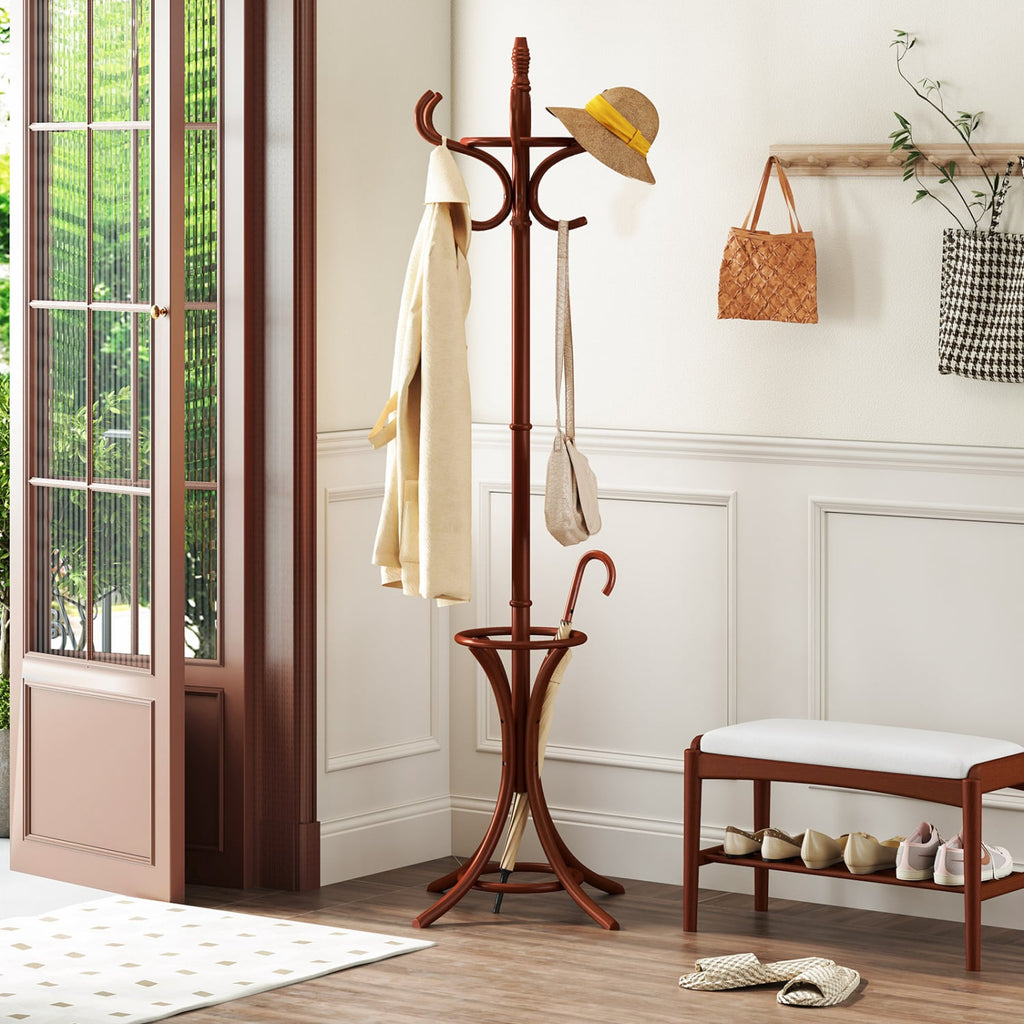 Wood Standing Hat Coat Rack with Umbrella Stand-Brown
