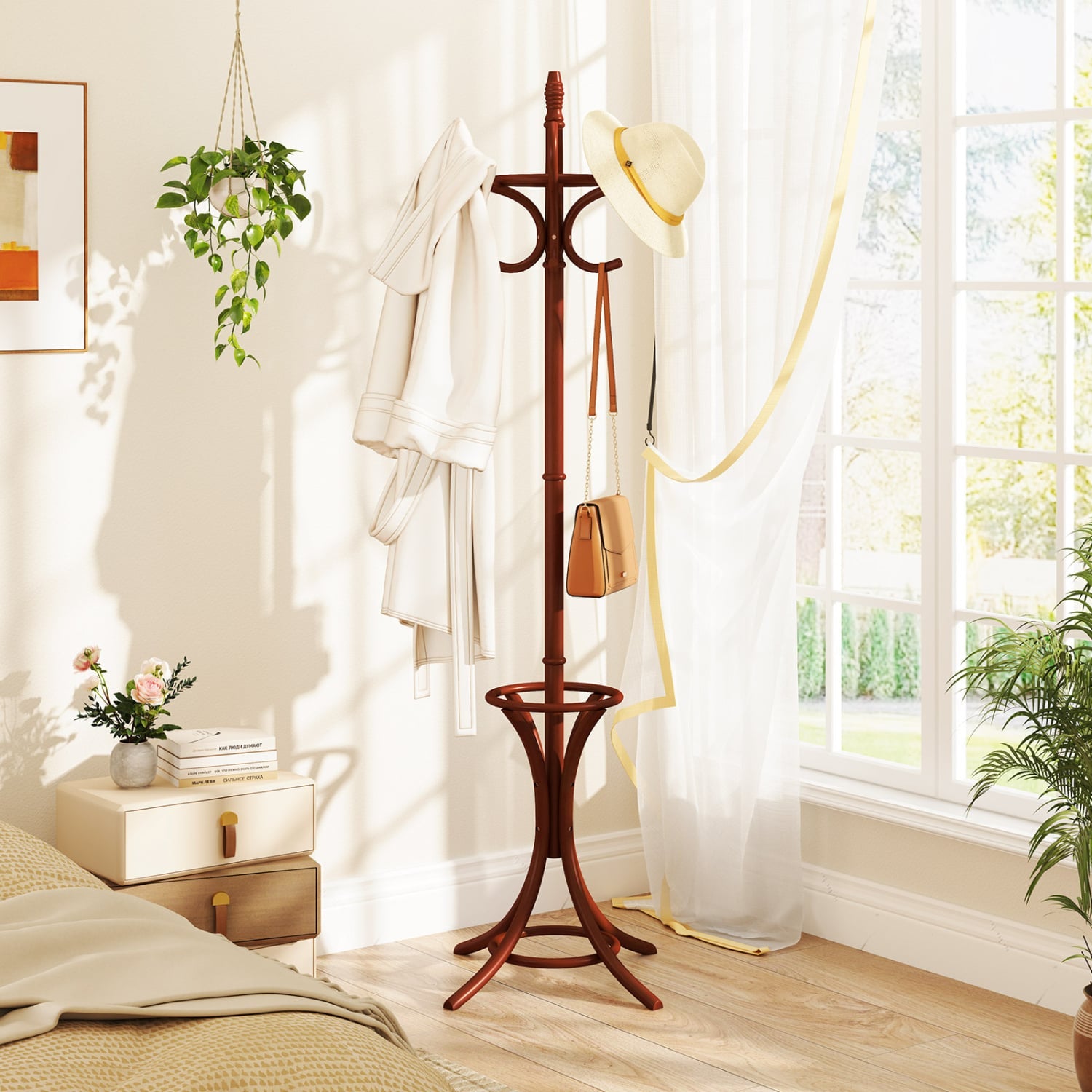 Wood Standing Hat Coat Rack with Umbrella Stand-Brown