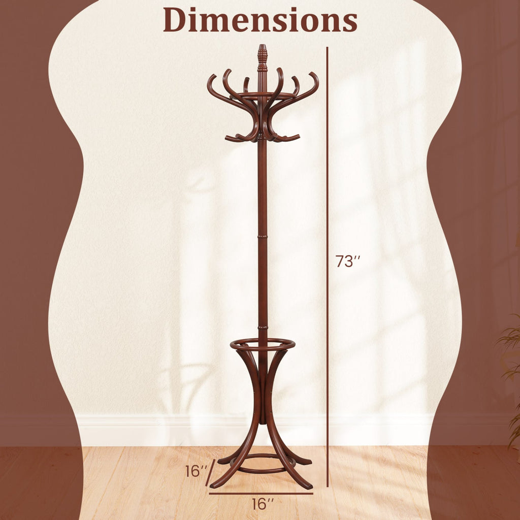 Wood Standing Hat Coat Rack with Umbrella Stand-Brown