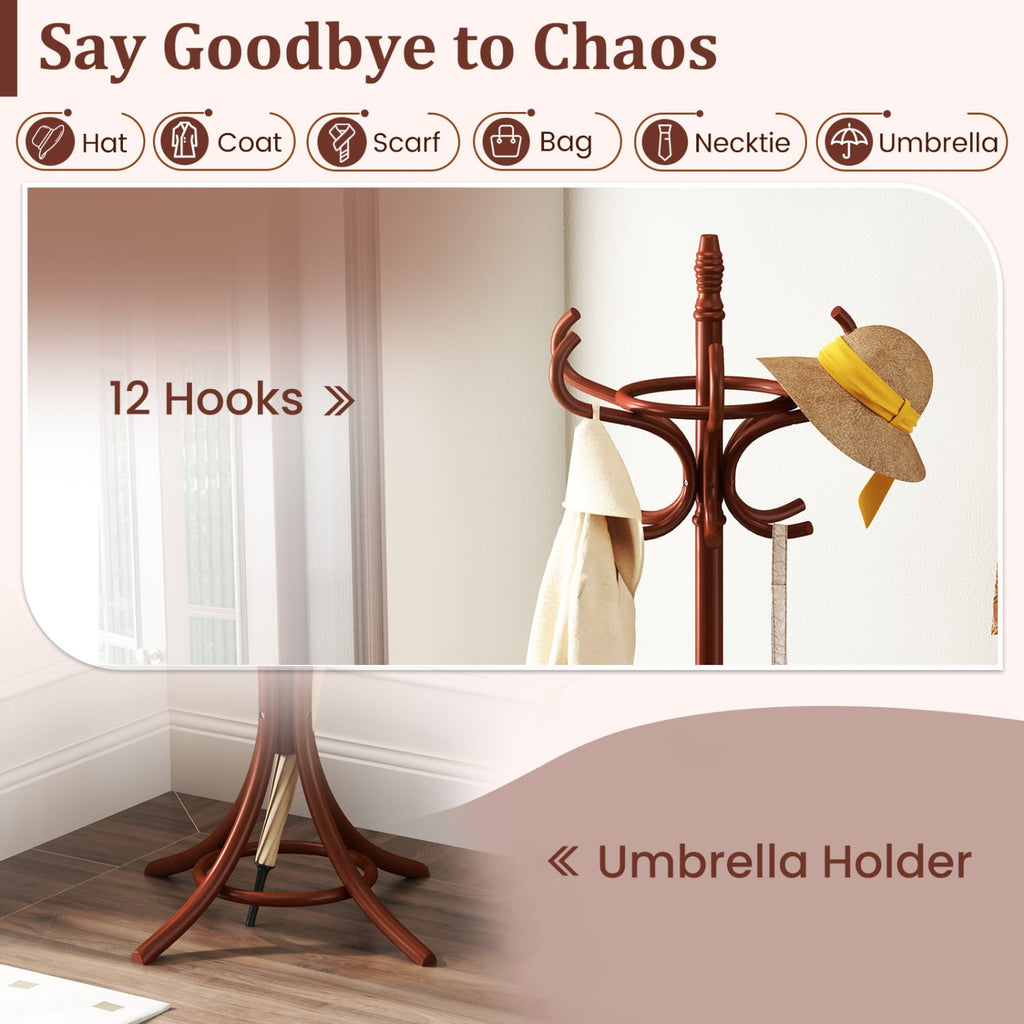 Wood Standing Hat Coat Rack with Umbrella Stand-Brown