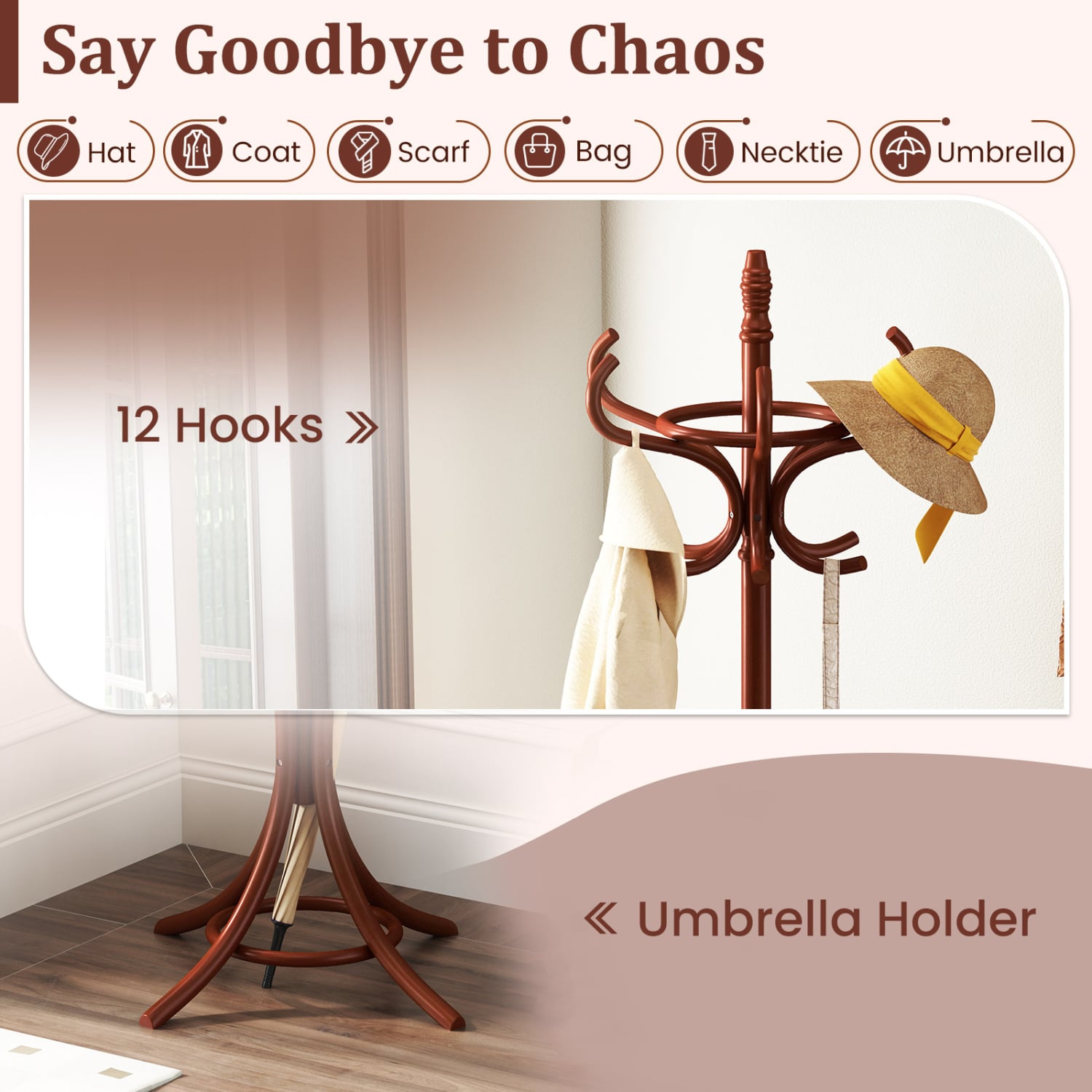 Wood Standing Hat Coat Rack with Umbrella Stand-Brown