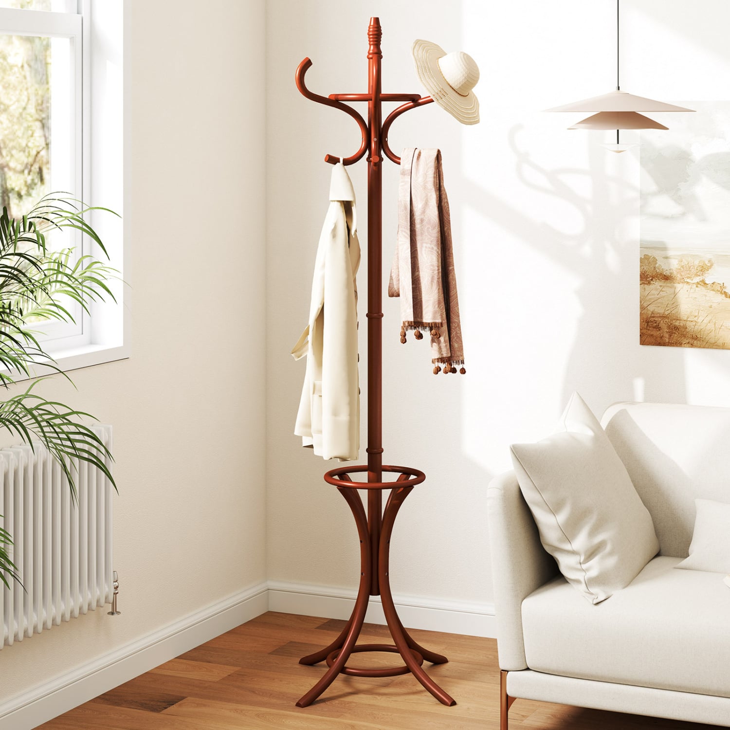 Wood Standing Hat Coat Rack with Umbrella Stand-Brown