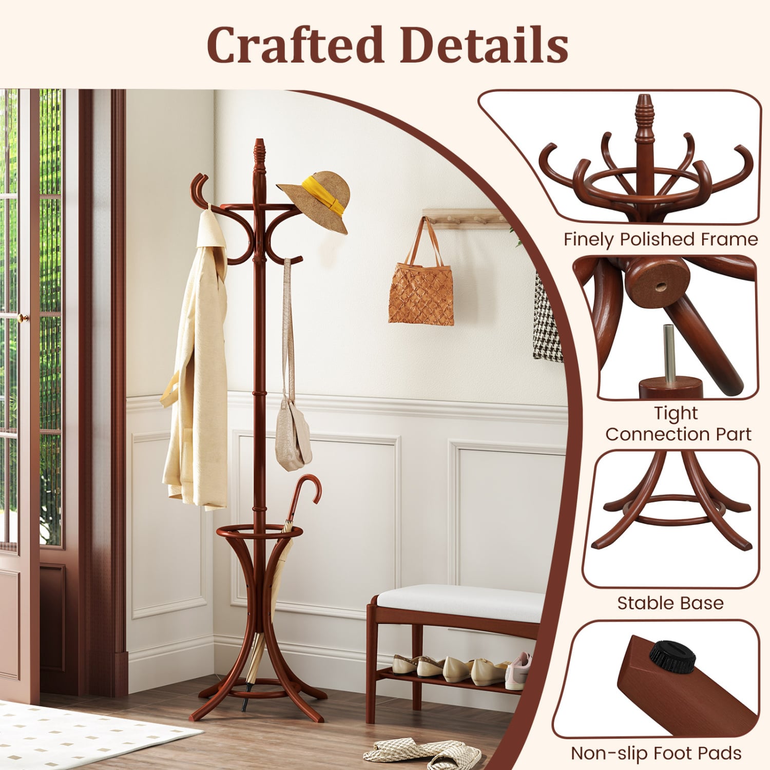 Wood Standing Hat Coat Rack with Umbrella Stand-Brown